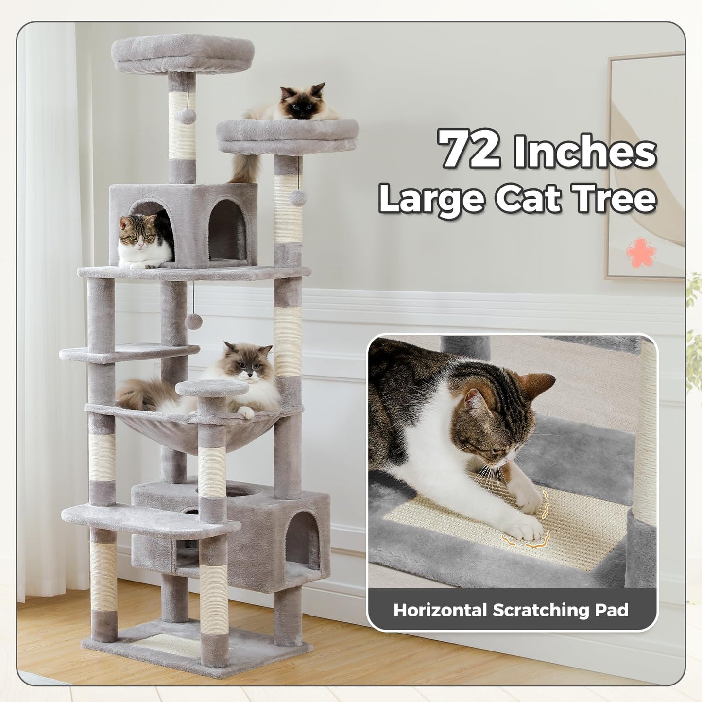 PAWZ Road Large 72 Inch Cat Tree and Tower for Indoor Cats - With Sisal-Covered Scratching Posts, Padded Perches, Condos, and Basket - Gray