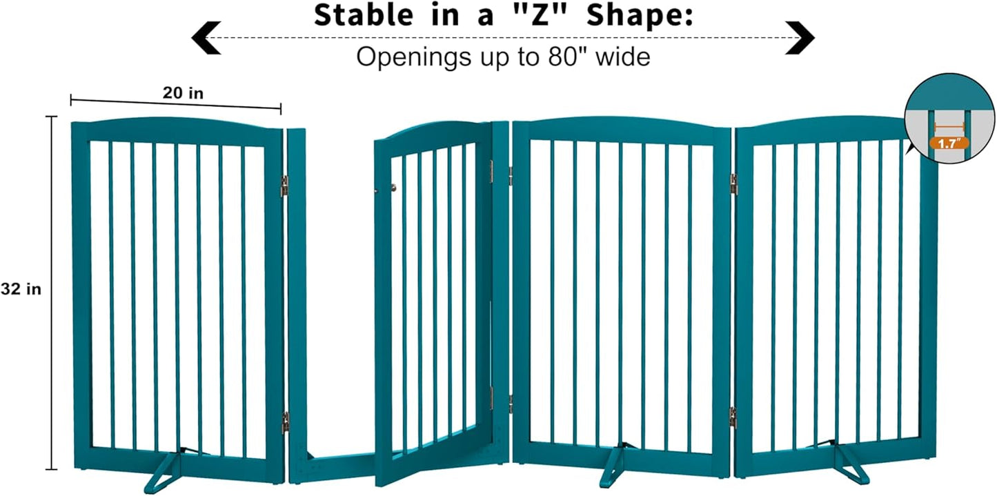 Freestanding Dog Gates with Door Walk Through, Pet Gate for Stairs, 80 inch Wide Gates Indoor, Dog Fences Indoor, Support Feet Included, 4 Panels, 32" Tall, Blue