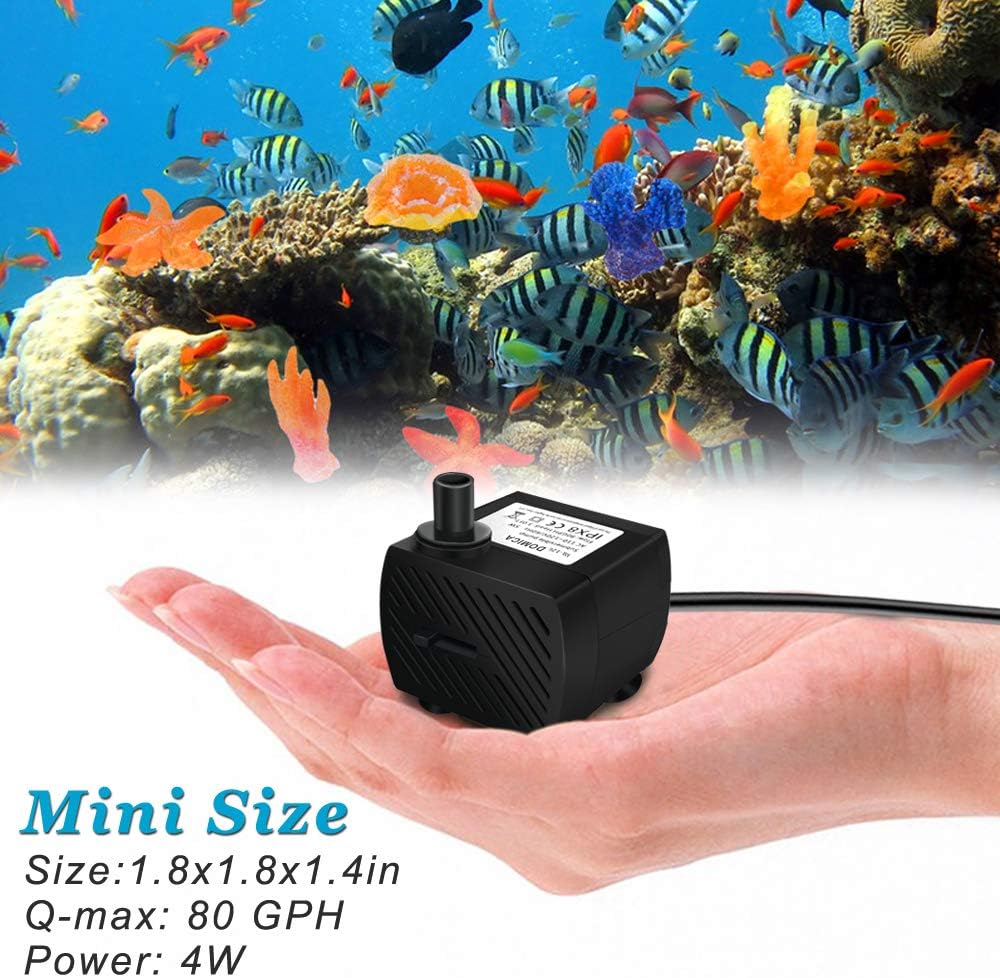 DOMICA (80GPH 4W) Mini Submersible Water Pump with 2.2FT Tube for Pond, Aquariums, Fish Tank, Hydroponics, Tabletop Fountain, Pet Fountain, Indoor or Outdoor Fountain Pump