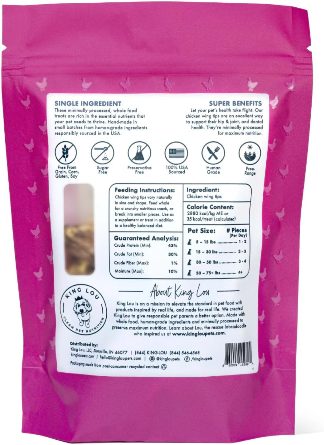 King Lou Pets - Whole Chicken Wing Tips - Dehydrated Raw Chicken Dog & Cat Treats - USA-Made - Rich in Collagen, Glucosamine, Chondroitin for Hip & Joint Health - 30 Count
