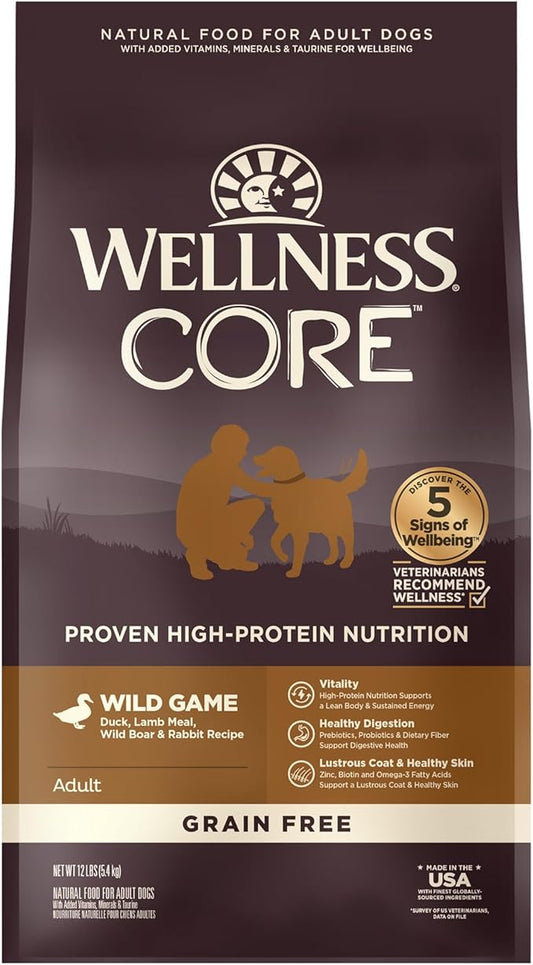 Wellness CORE Dry Dog Food, Grain-Free, High Protein, Natural, Wild Game Duck, Lamb, Wild Boar, & Rabbit Recipe, (12-Pound Bag)