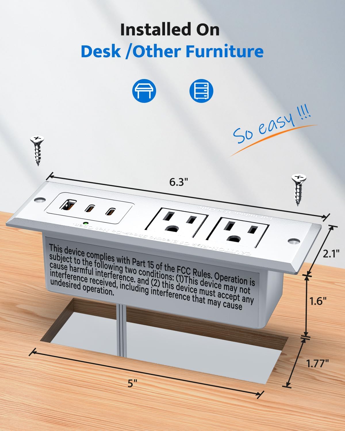 Recessed Power Strip with 20W USB C Port, Fast Charging USB A Port Conference Recessed Outlet, Space-Saver for Furniture Side Table, End Table, Desk Outlet with 6ft Cord, 45° Thin Flat Plug, White