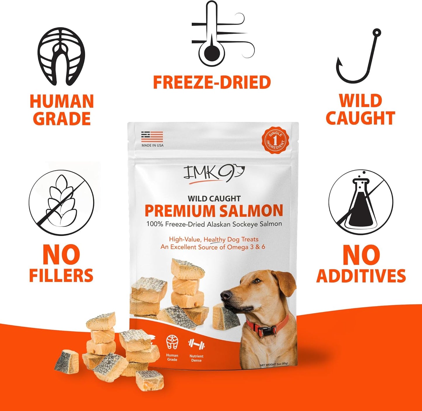 Freeze Dried Salmon Dog Treats – All Natural Dog Treats, Healthy Protein, High Value Training – Omega 3-6 Fish Oil - 100% Pure Fish with Skin, Wild Caught - Single Ingredient, Grain Free - Made in USA