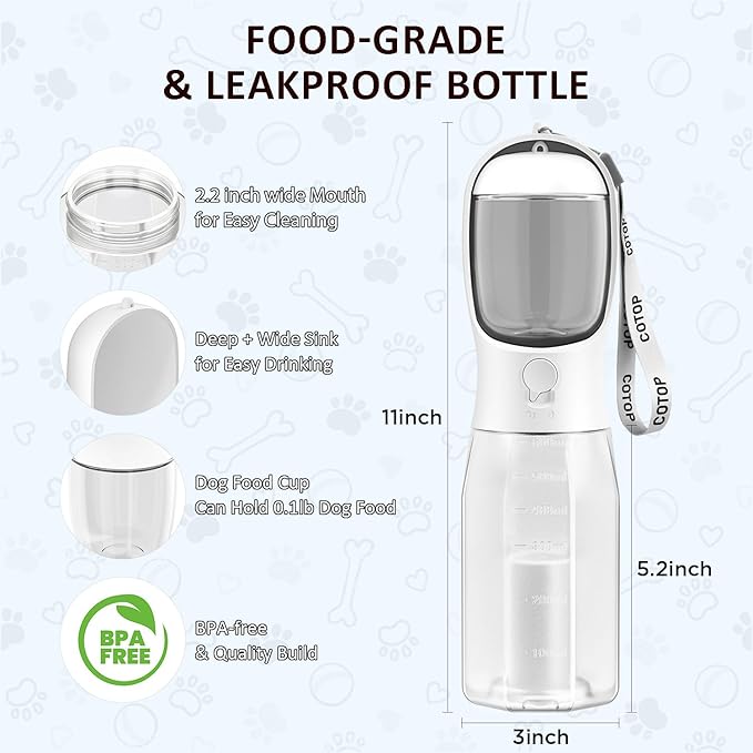20oz Dog Water Bottle with Food Container & Poop Bag Dispenser | Leak-Proof Portable Pet Water Dispenser with Carabiner Clip | for Walking, Hiking, Travel (White, 20oz)