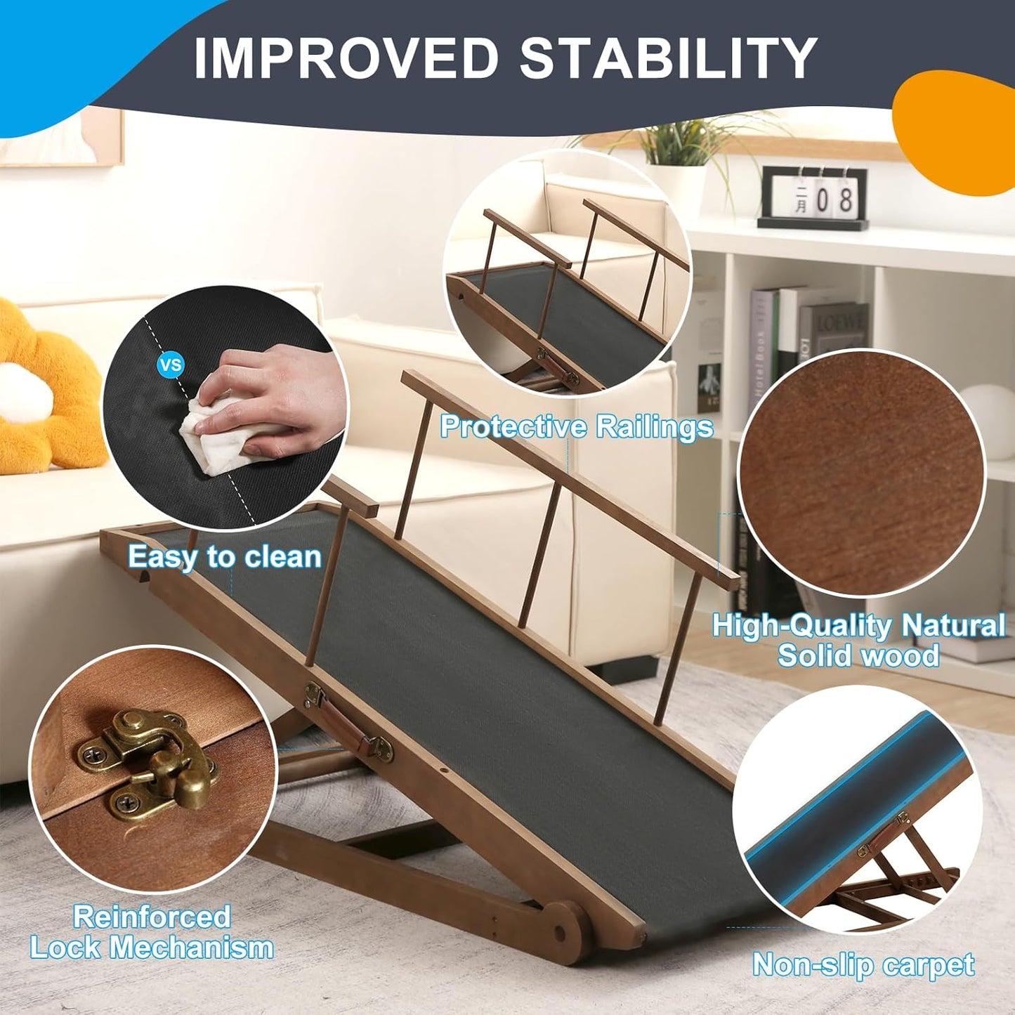 Dog Ramp for Bed and Couch, 5 Height Adjustable Solid Wood Pet Ramp for Small, Medium & Large Dogs, Collapsible Anti-Slip Dog Ramp for Sofa, Couch & Beds (Brown, 115)