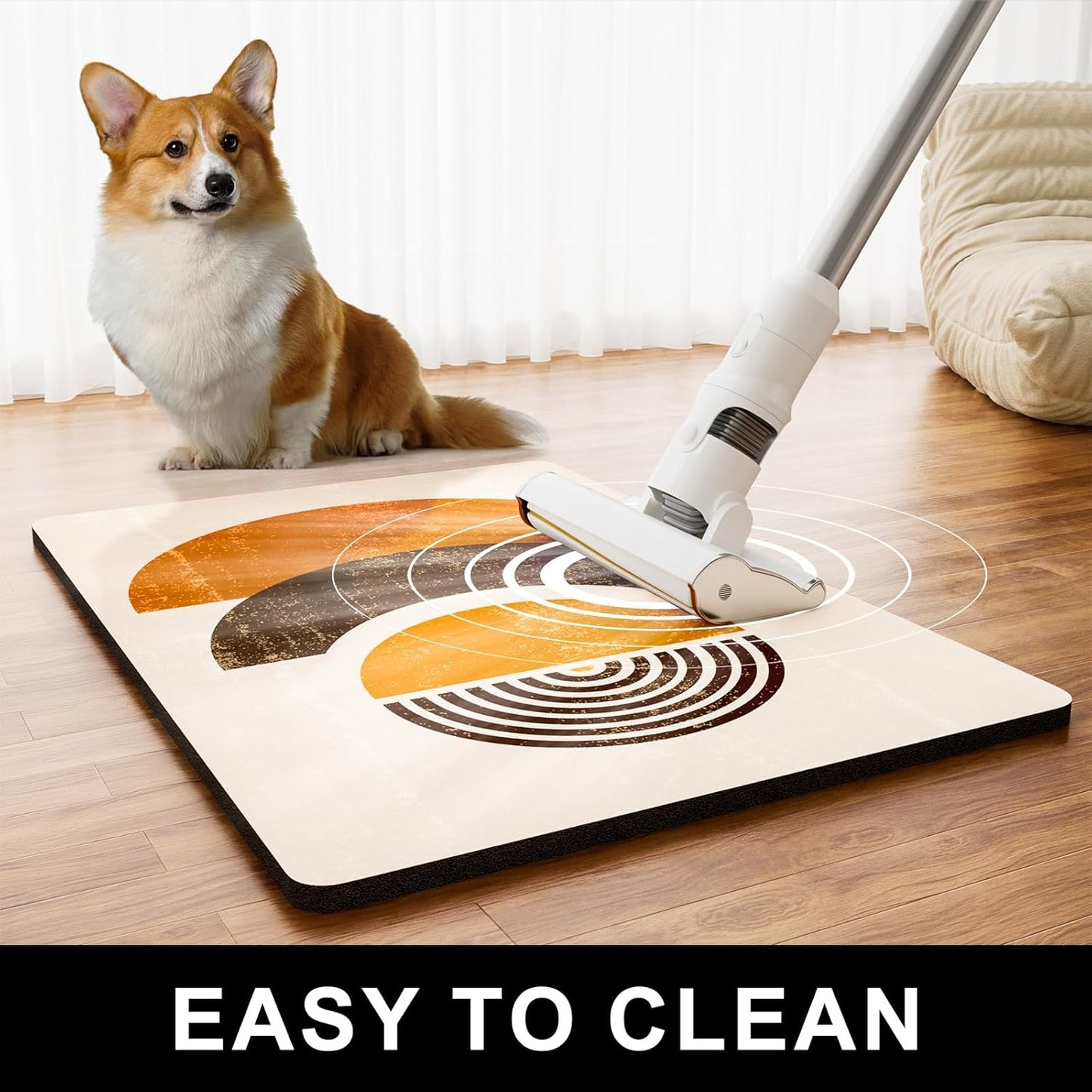 Dog Food Mat, 16" x 24" Absorbent Dog Cat Bowl Mat for Food and Water, Cute Anti-Slip Rubber Pet Feeding Rug Protect Floors Washable Placemat for Feeding & Watering Supplies, Modern Circle Art