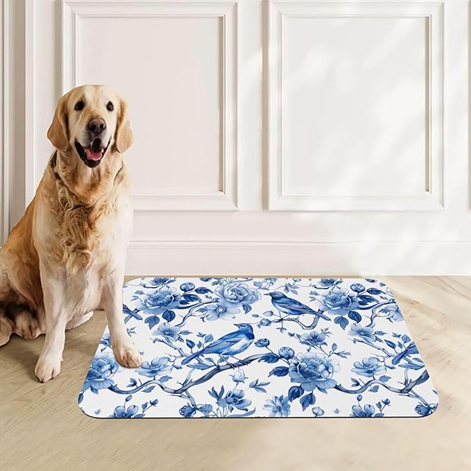 Chinoiserie Floral Birds Dog Food Mat Absorbent Bowl Mats No Stains Quick Dry Waterproof Pet Cat Placemats for Food and Water, 30x45cm