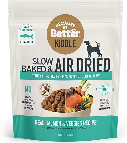Because it's Better Slow Baked and Air Dried Dog Food, Real Salmon and Veggies, 3lb Bag, Complete and Balanced Dry Dog Food, for All Life Stages