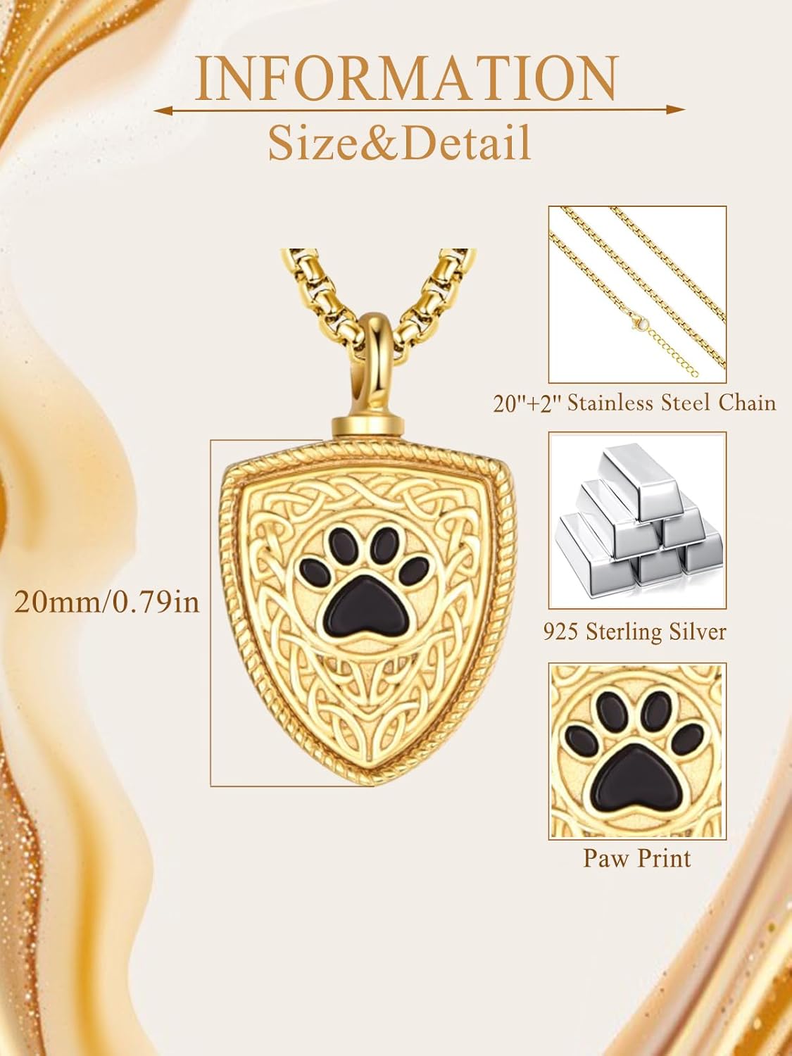 Pet Cremation Urn Necklace for Dog Cat Ashes 925 Sterling Silver Paw Print Keepsake Pendant Celtic Knot Memorial Jewelry for Women Men