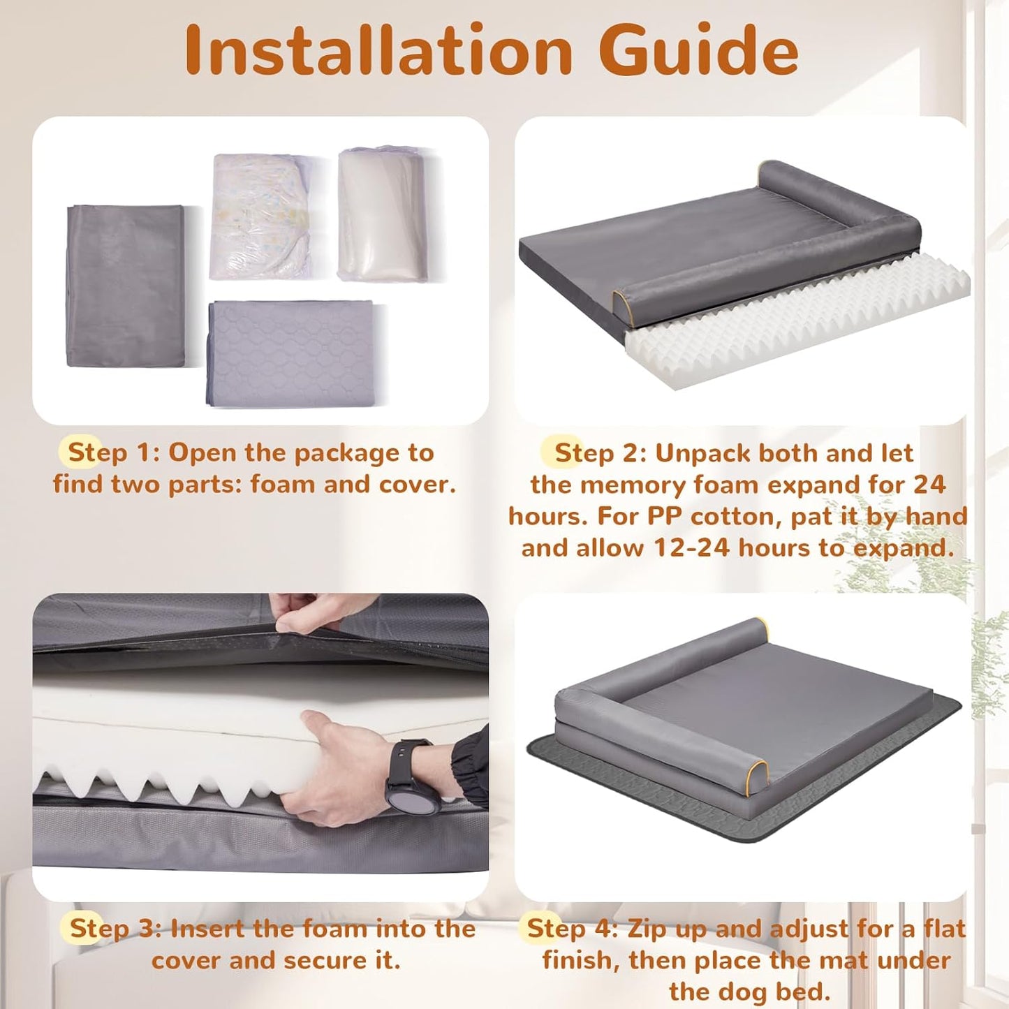 Chew-Proof Dog Bed Medium Size Dog Orthopedic Waterproof Pet Bed Memory Foam with Anti-Slip Mat Washable Dog Couch (Grey)