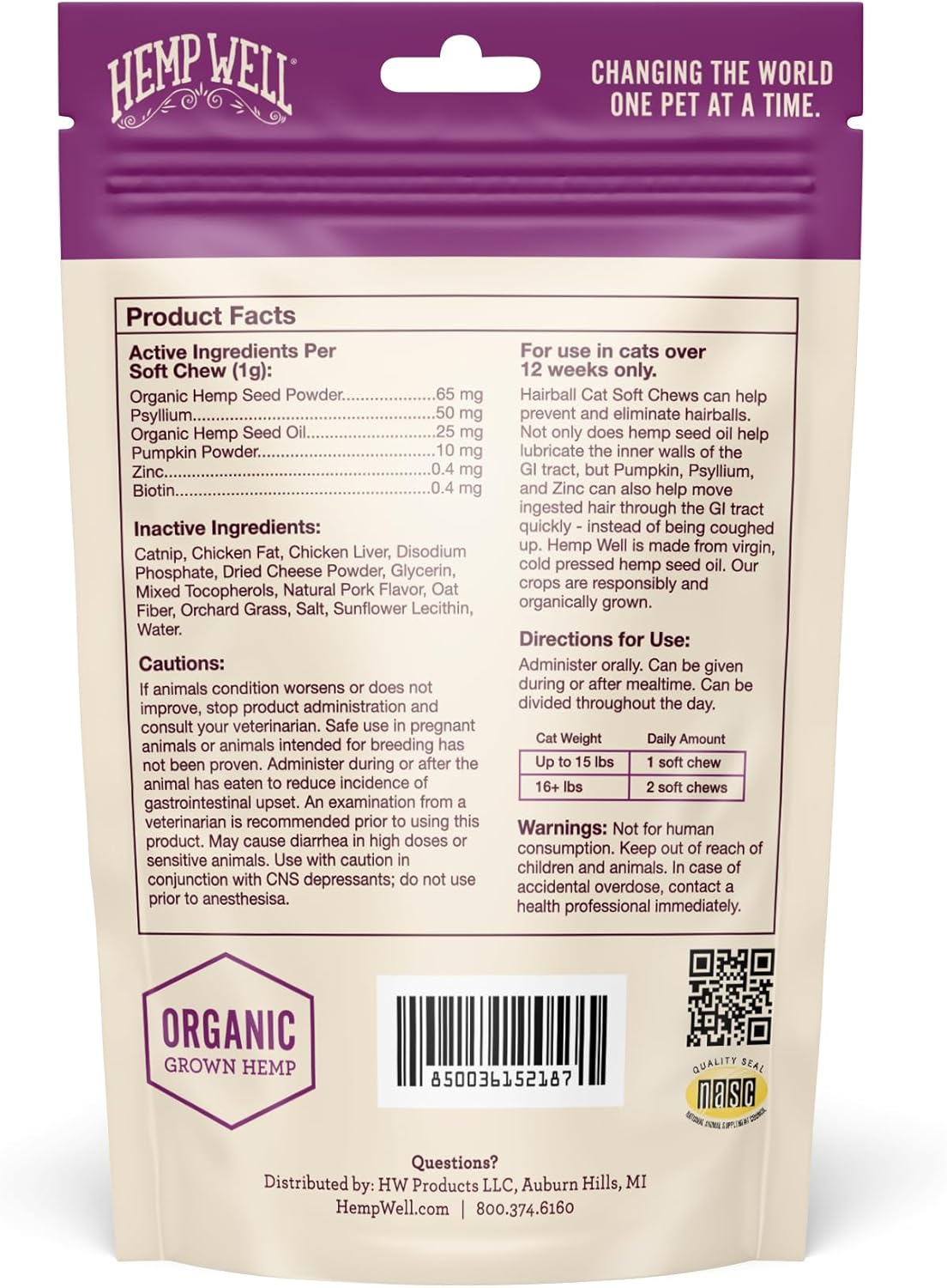Hemp Well Cat Hairball Soft Chews for Cats (2 Pack), Organic USA Grown, Chicken Cheese & Catnip Flavor!