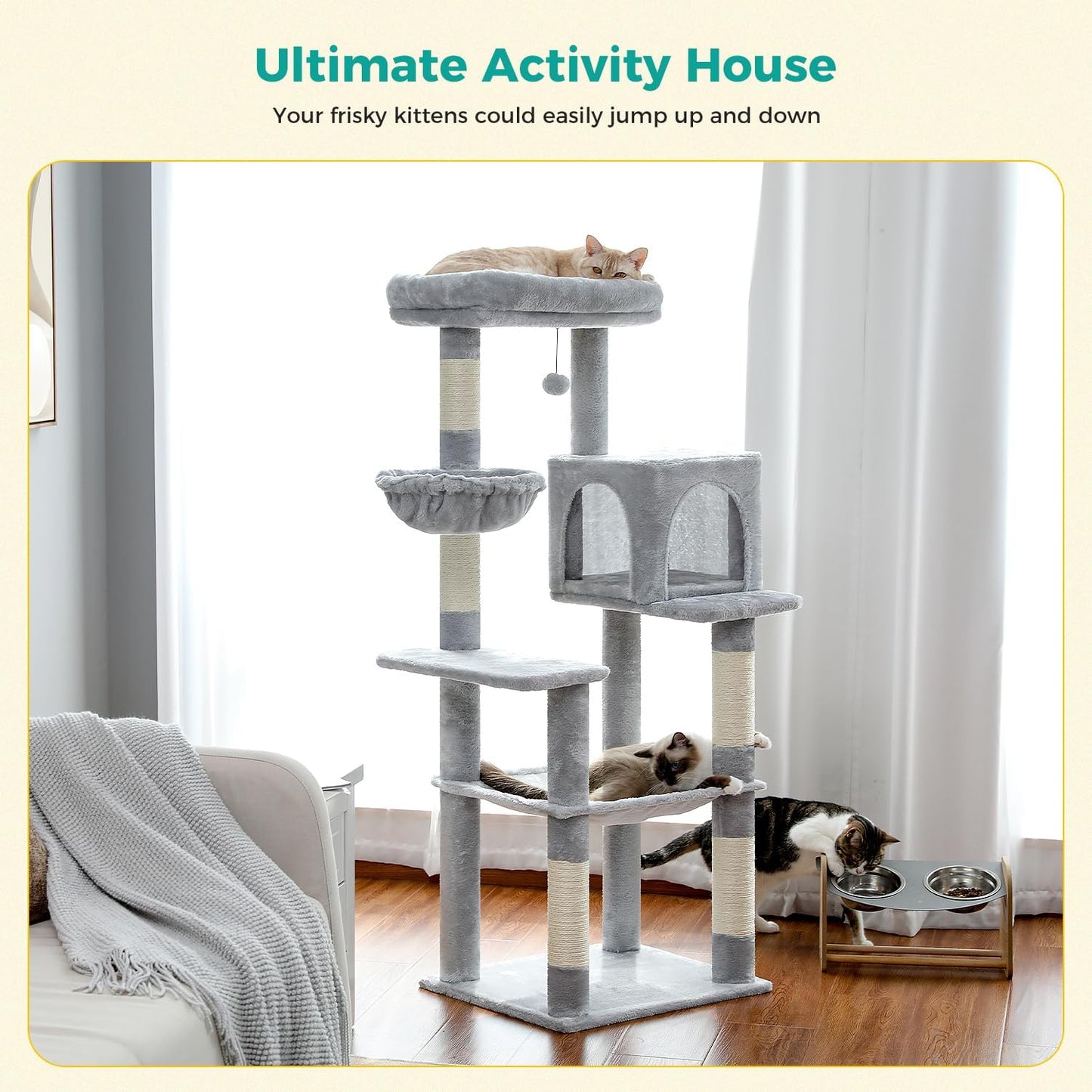 PAWZ Road Cat Tree, 56 Inches Tower Condo with Large Top Perch & Hammock, Cat Tower with Scratching Posts for Indoor Cats,Gray