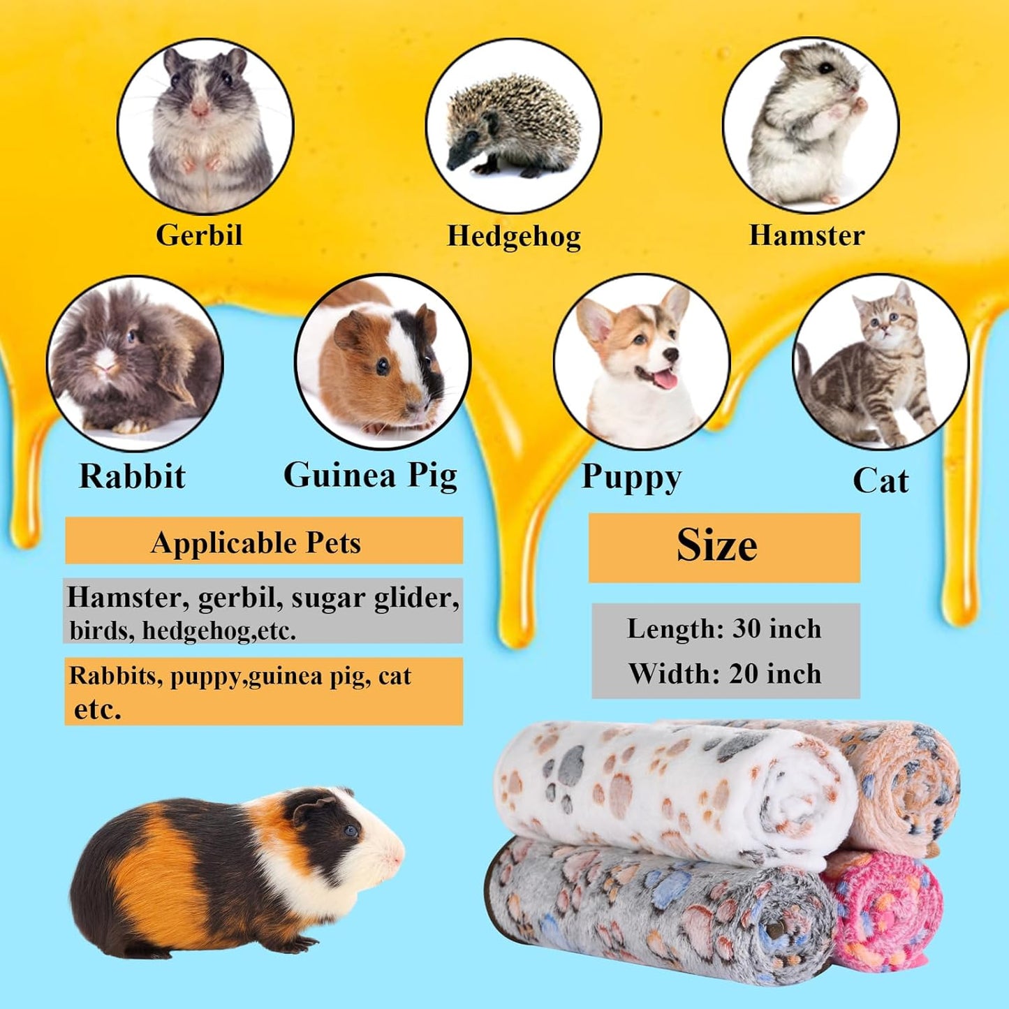 Grddaef 4Pcs Inch Guinea Pig Blanket, 30X20 Bunny Washable & Plush Flannel Sleeping Mats Pad Rabbit Bedding Cage Liners for Hamster Guinea Pig Chinchilla Hedgehog Ferret Small Animal