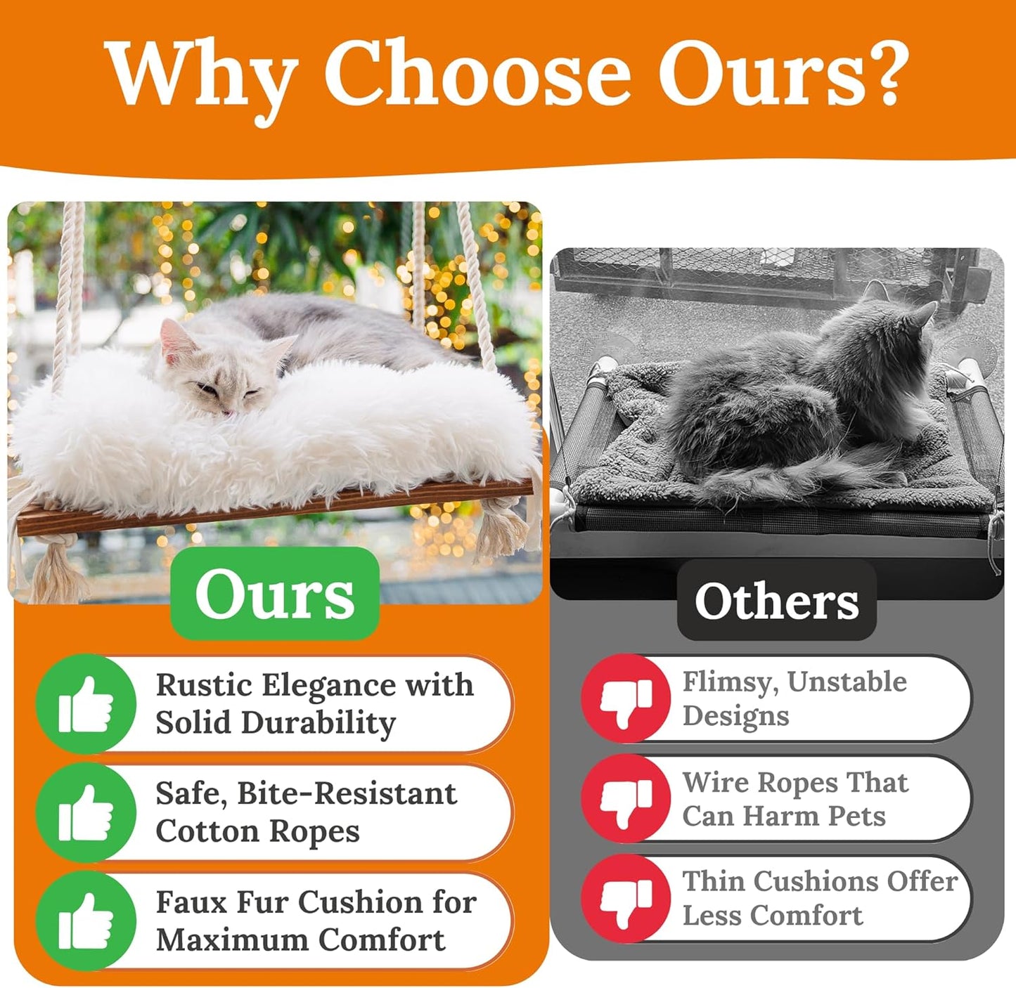 Cat Window Perch - Hammock Bed for Cats Inside - Solid Wood Seat, 4 Strong Suction Cups, Soft Cushion - Rustic Indoor Pet Shelf