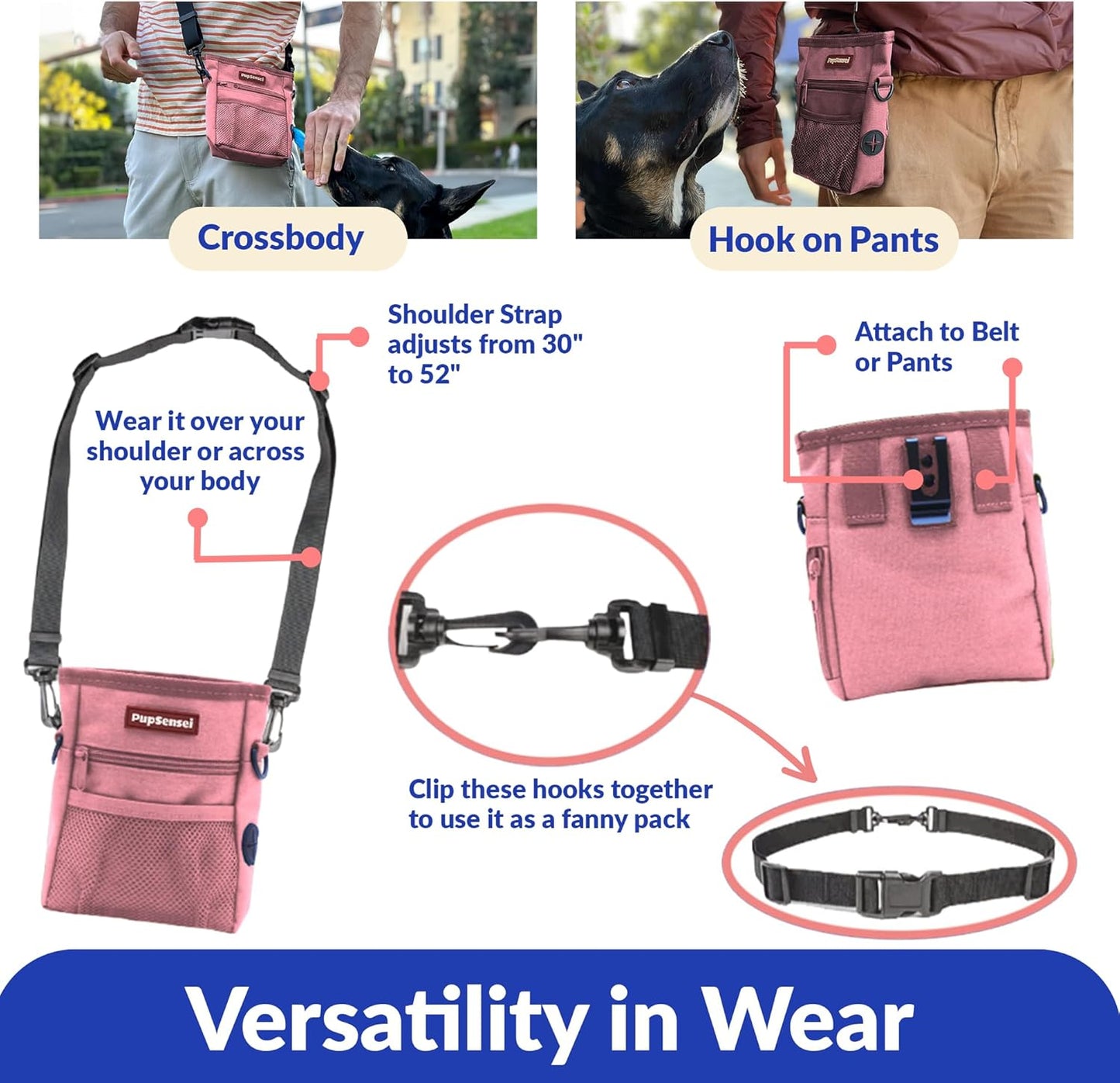 Dog Treat Pouch, Durable Oxford Polyester, No-Spill Magnetic Closure, Treat Pouches for Pet Training with Metal Clip, Waist Belt, Adjustable Strap, Poop Bag Dispenser (Light Pink)