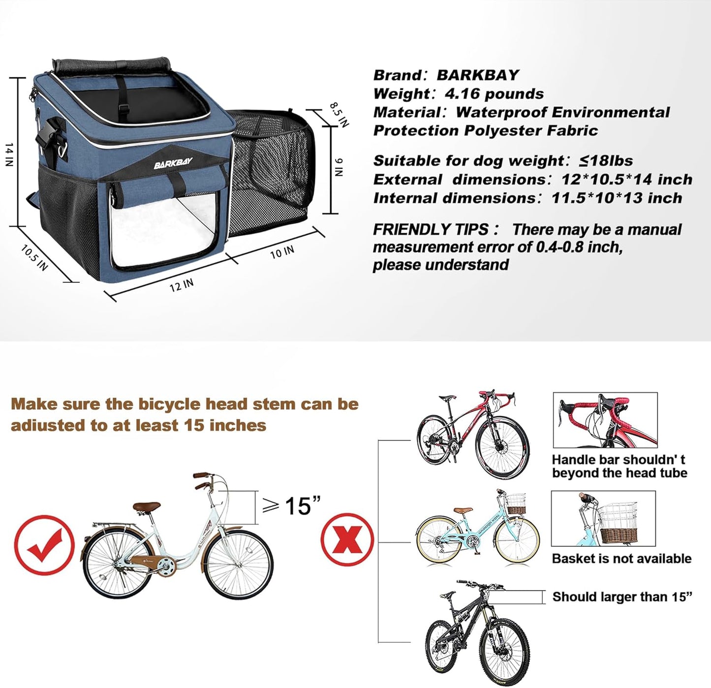 Dog Bike Basket Carrier, Expandable Foldable Soft-Sided Dog Carrier, 2 Open Doors, 5 Reflective Tapes, Pet Travel Bag,Dog Backpack Carrier Safe and Easy for Small Medium Cats and Dogs(Blue)