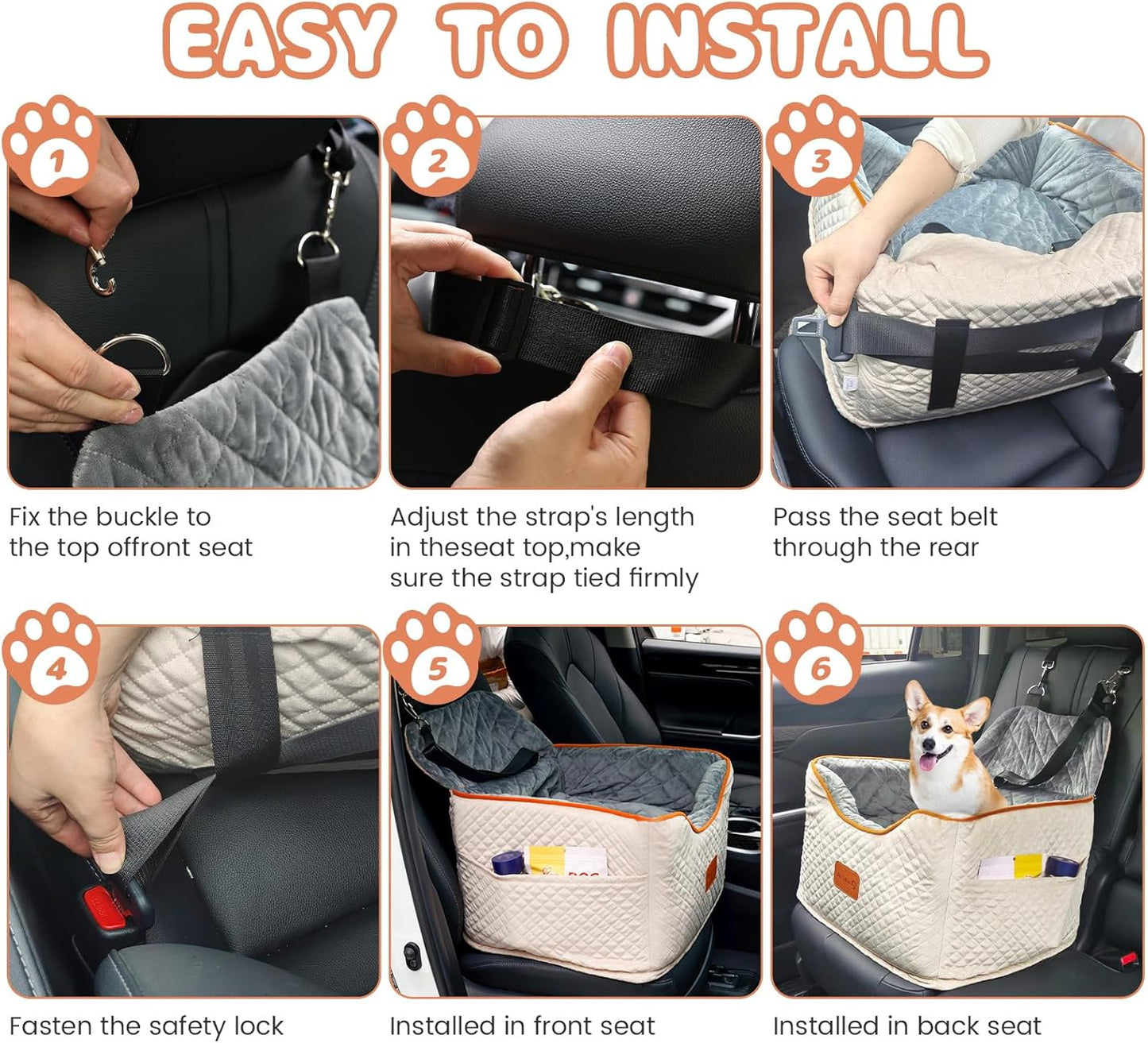 Memory Foam Booster Dog Car Seat with Washable Removable Cover, Elevated Pet Car Seat, Anti-Slip Sturdy Booster Seats for Small Dogs 35lbs, Seat Belt, Storage Pocket, Dog Blankets