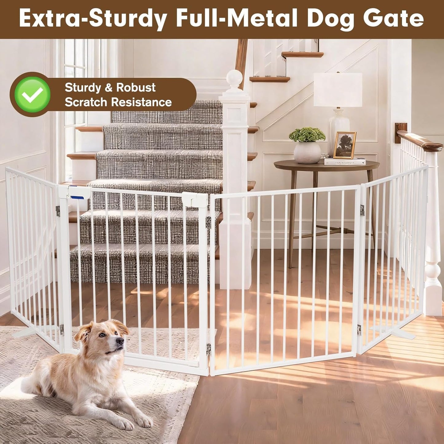 104" Dog Gate Extra Wide, Heavy Duty Metal Freestanding Dog Gate with Door for Indoor & Outdoor, Foldable Pet Fence for Doorways,House,Porch,Deck,Yard,Stairs, Auto Close(4 Panels,White)
