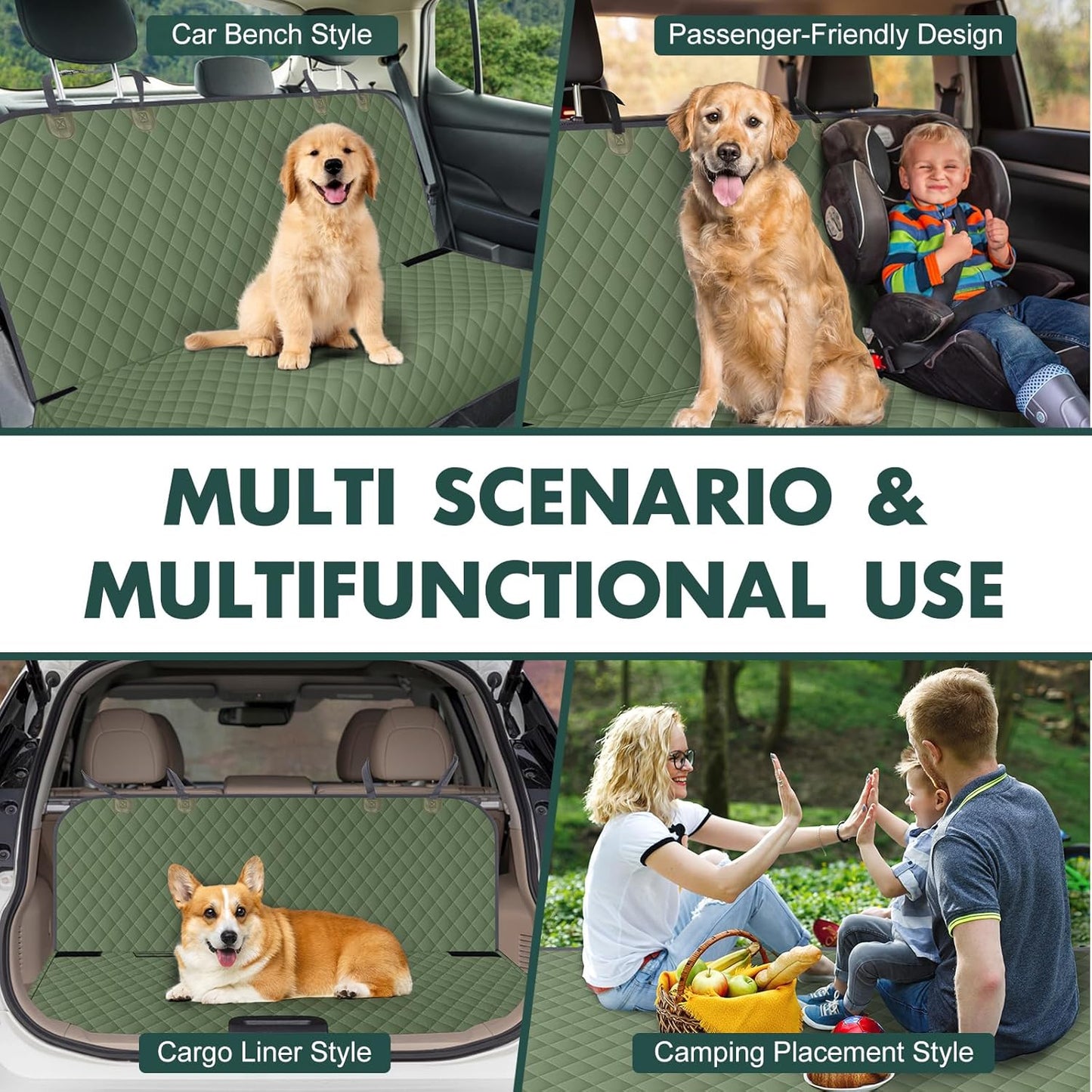 Backseat Cover for Dogs, Waterproof and Non-Slip Pet Bench Seat Covers, Car Seat Protector for Back Seat, Universal Size Rear Car Seat Cover Fits Cars, Trucks and SUVs, L-Army Green&Grey