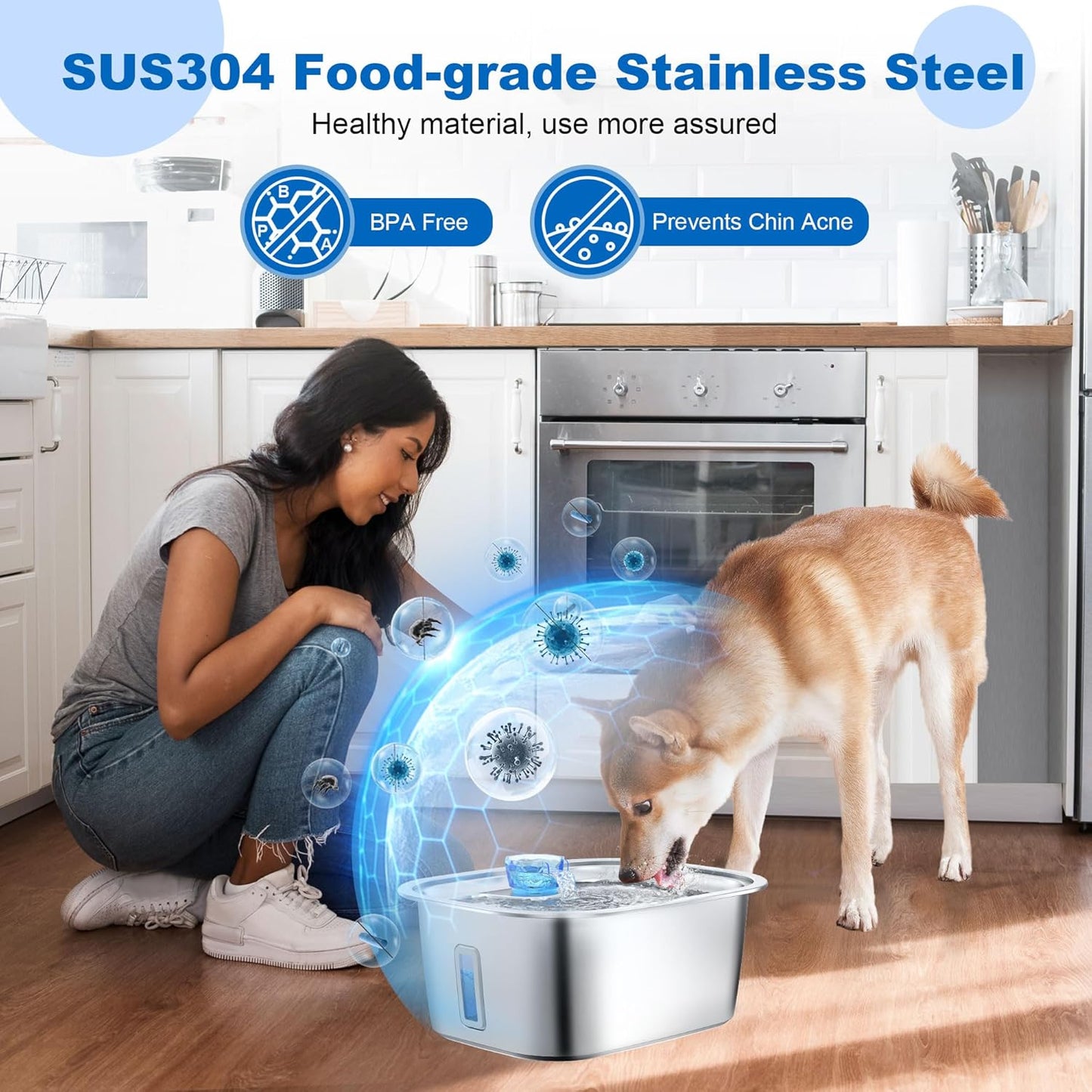 Large Dog Water Fountain Stainless Steel, 3 Gallon Pet Water Fountain with Visual Window, Dog Water Dispenser Automatic Waterer Bowls for Drinking with 2 Filters for Cats, Dogs, Multiple Pets