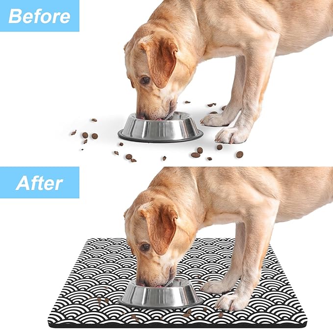 Rnivvi Dog Food Mat, 12" x 19" Absorbent Dog Cat Bowl Mat for Food and Water, Cute Anti-Slip Rubber Pet Feeding Rug Protect Floors, Puppy Placemat for Feeding & Watering Supplies,Gray Rounded Wave