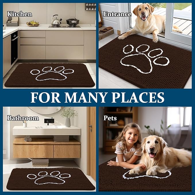 OLANLY Door Mat for Muddy Dog Paws 47x24, Ultra Absorbent Chenille Mud Doormat with Paw Print Design, Non-Slip Washable Doormat for Indoor Entryway, Quick-Dry Pet Bed Mats for Dirty Dogs, Brown