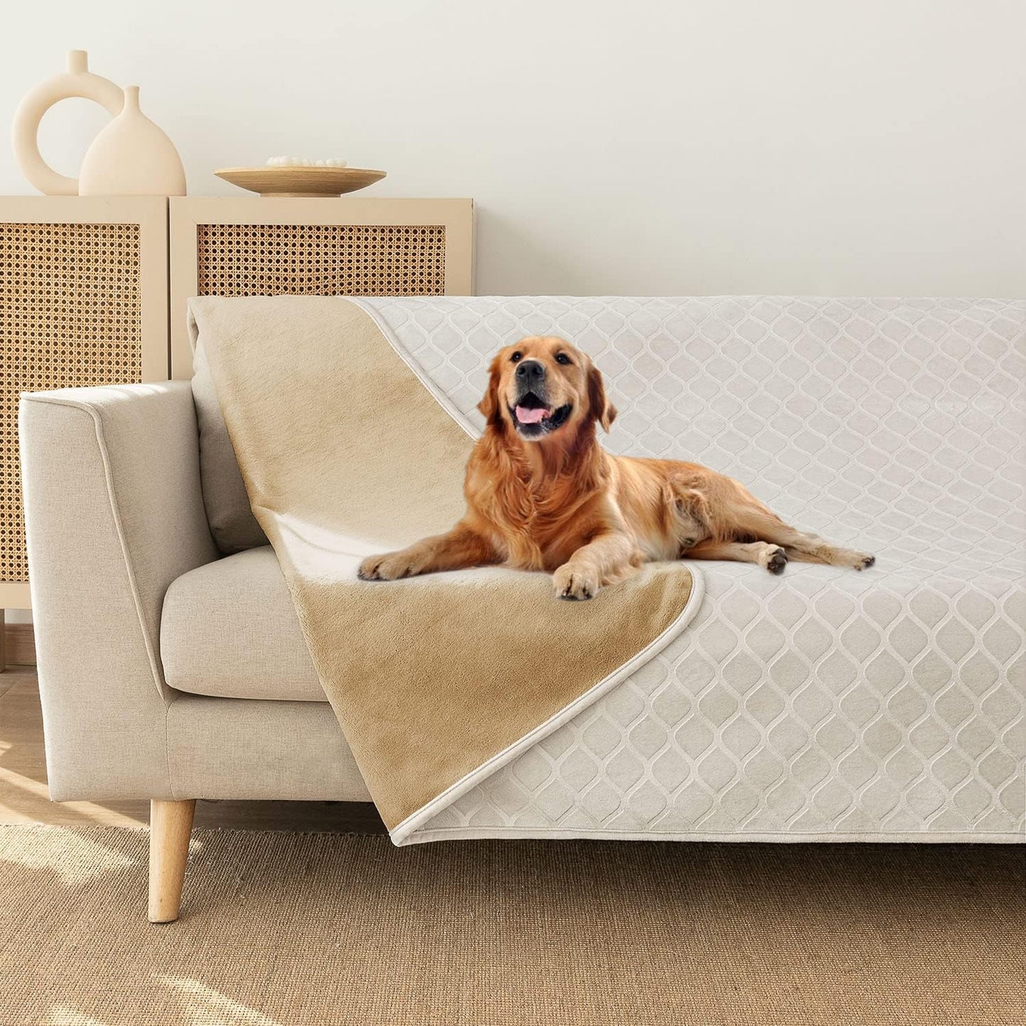 fuguitex Waterproof Dog Blanket Bed Cover Dog Crystal Velvet Moroccan Fuzzy Cozy Plush Pet Blanket Throw Blanket for Couch Sofa(82 * 102 inch, Cream+Sand)