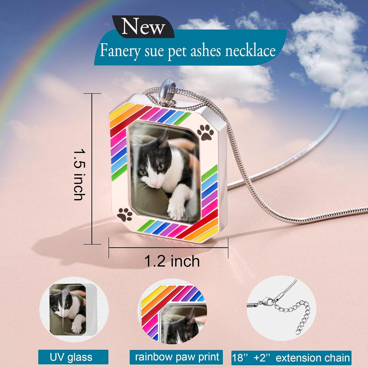 Fanery Sue Personalized Pet Ashes Necklace for Dog Cat Custom Photo&Text Pet Loss Sympathy Gift Cremation Jewelry