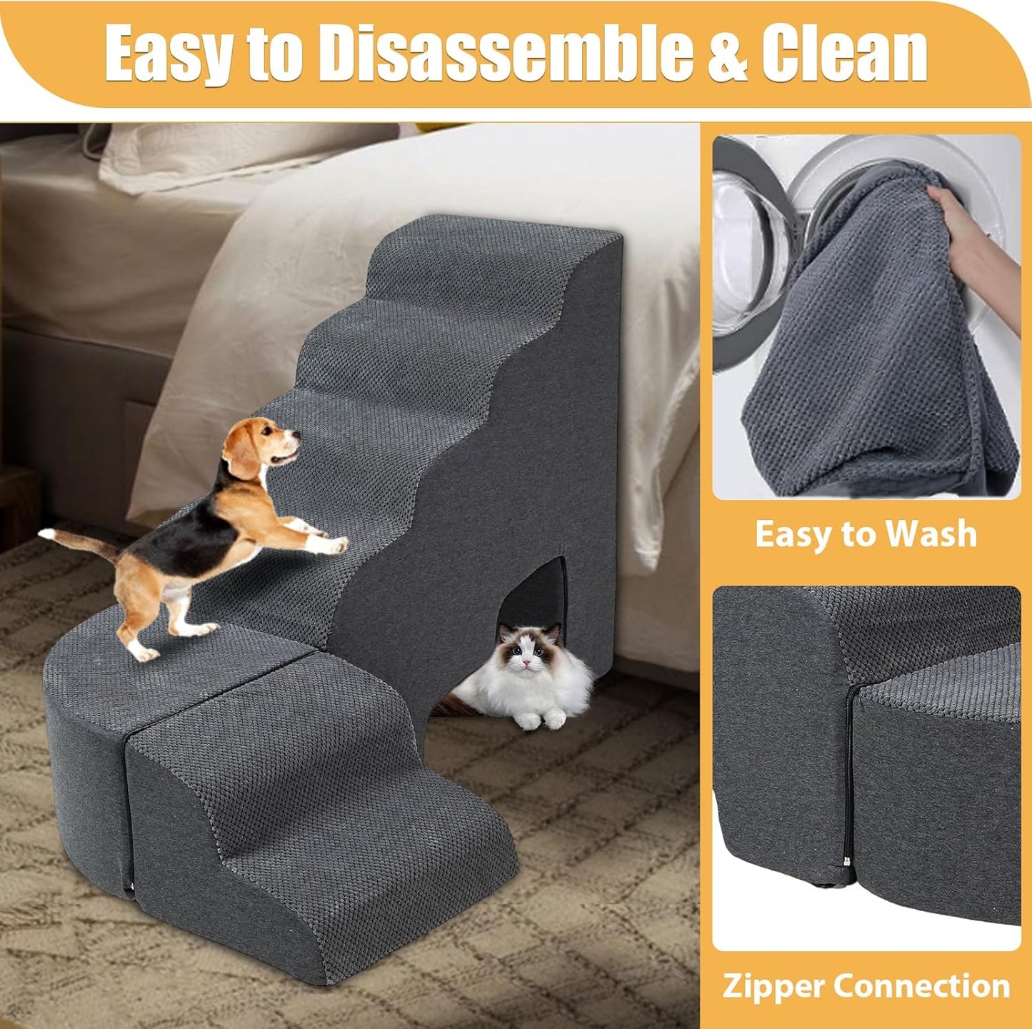 Dog Stairs for High Beds up to 30-36inch, A.FATI 6 Tiers Dog Steps Pet Stairs Adjust to Left Side of Bed, Non-Slip Pet Ramp for Small Dogs/Old Pets