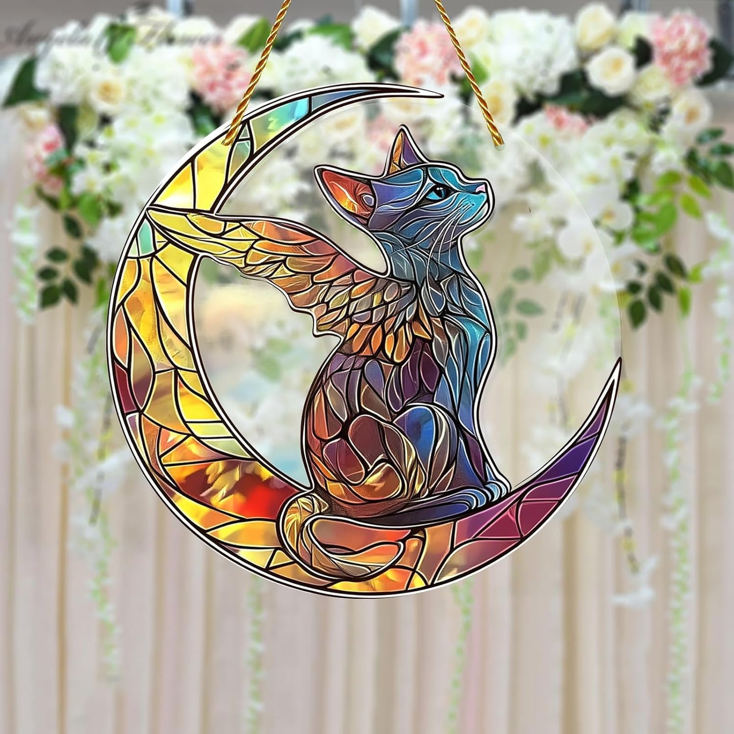 8x8 inch Charming Cat Angel Acrylic Stained Glass Window Hanging Sun Catcher Decor Stained Panel Hangings Wall Art Decor, for Friends and Family (Cat Angel)