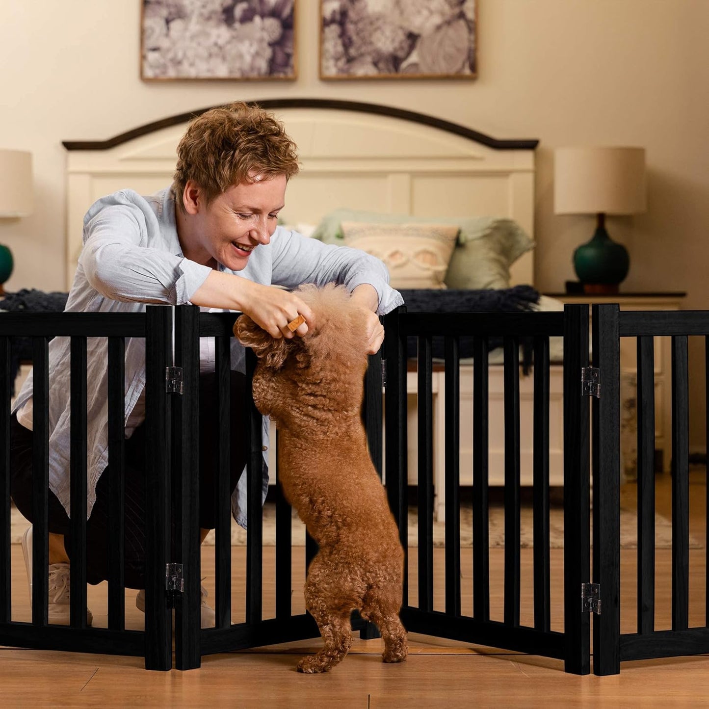 LZRS 4-Panel Wooden Free Standing Foldable Dog Gate Indoor – 24" High, Extra Wide Step-Over Safety Pet Gate for Doorways, Stairs, Hallways, Large Spaces & Playpen for Puppies Indoor Use, Black