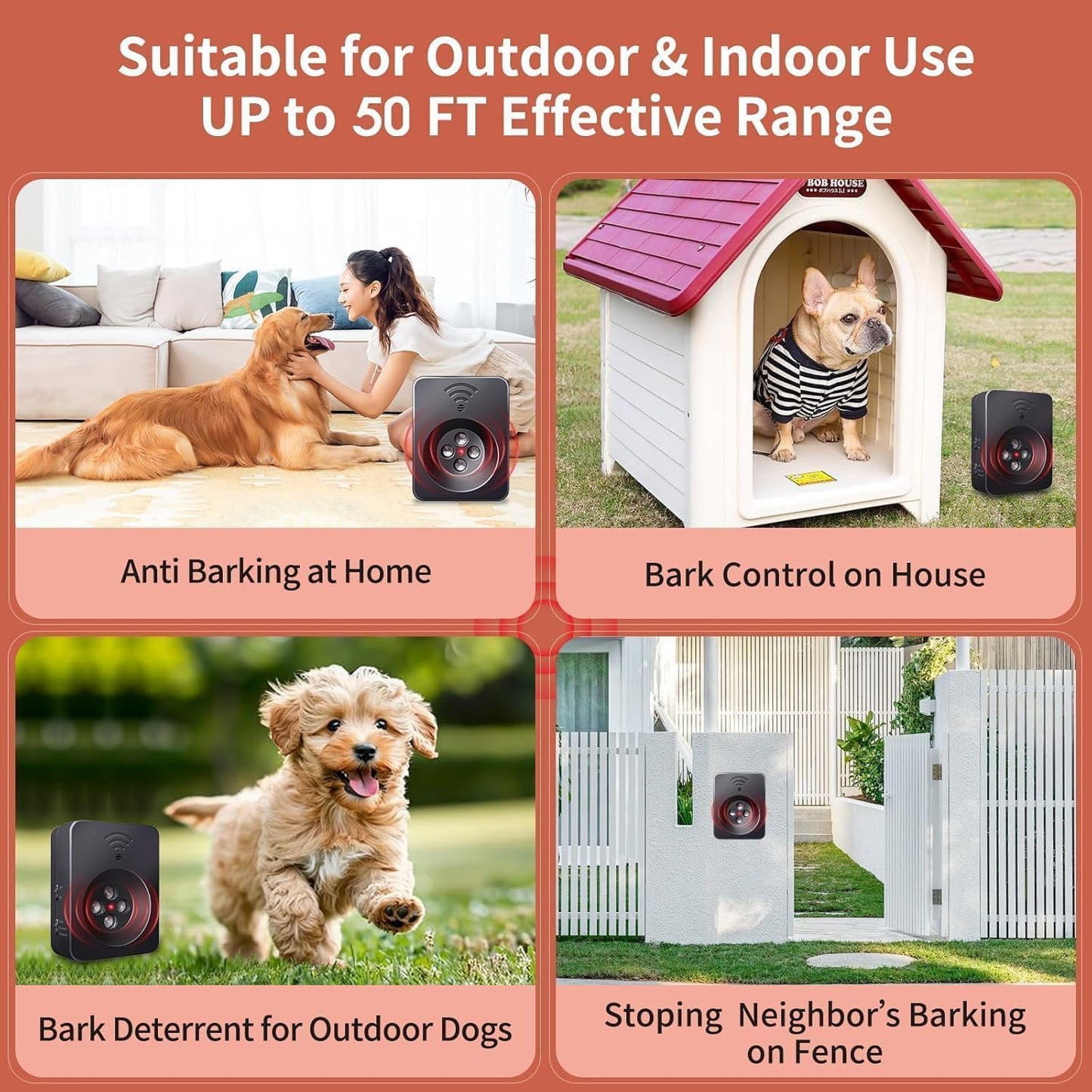 Anti Barking Device, Ultrasonic Dog Bark Deterrent Devices, 3 Modes Rechargeable Dog Barking Control Devices, Bark Silencer, Up to 50 FT Indoor Outdoor Use, Pet and Human Friendly