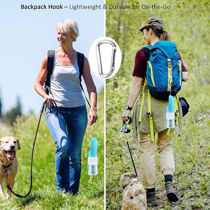 20oz Dog Water Bottle with Food Container & Poop Bag Dispenser | Leak-Proof Portable Pet Water Dispenser with Carabiner Clip | for Walking, Hiking, Travel