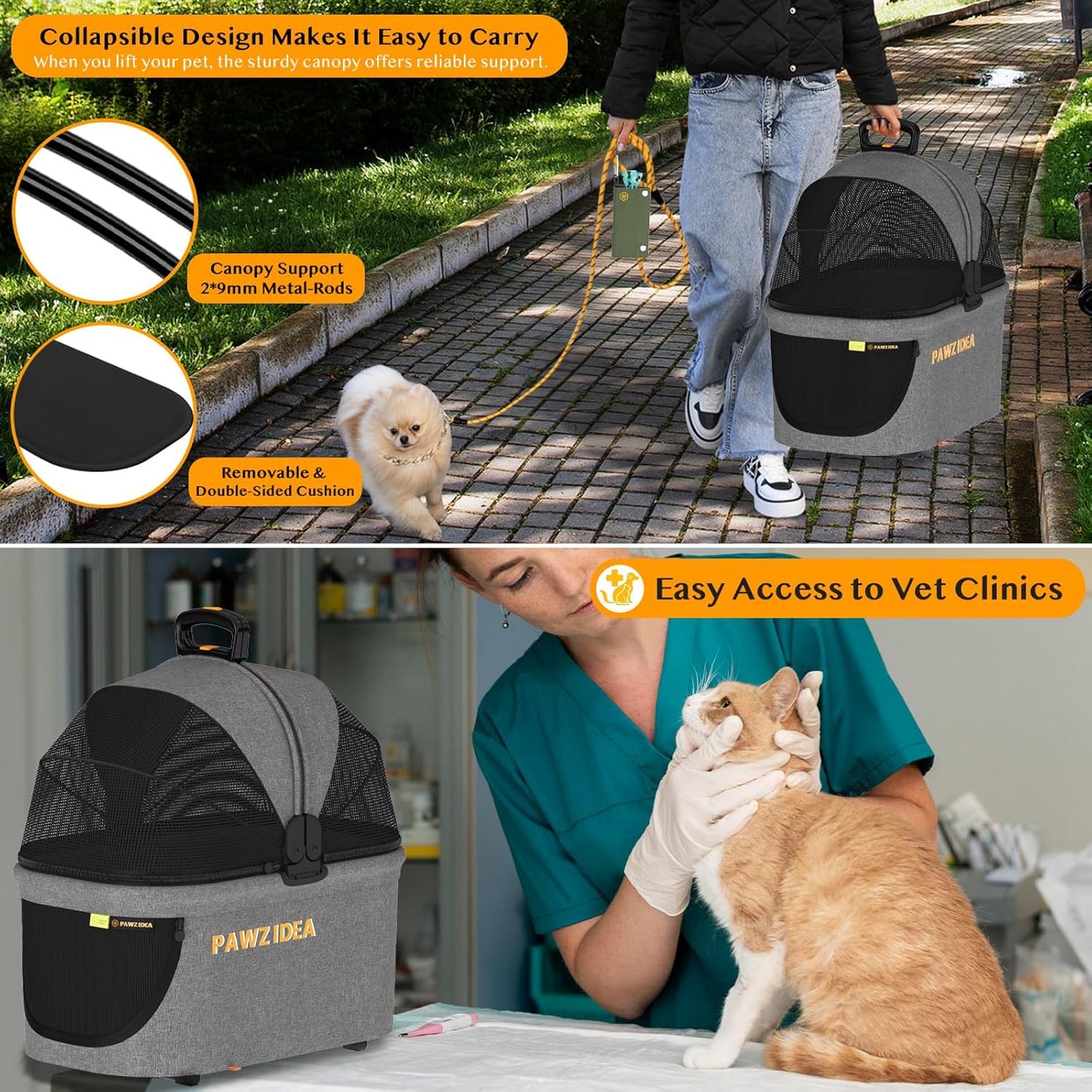 PAWZIDEA Pet Stroller 4 in 1, Dog Strollers with Detachable Carrier No-Zip Canopy, Portable Pet Crate for Car Seat Travel, Foldable & Lightweight Jogger for Small/Medium Dogs and Cats, Storage Basket