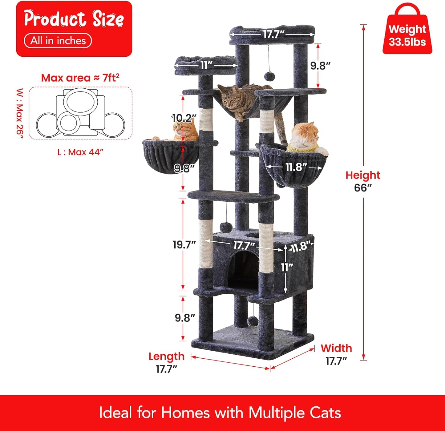 66-Inch Tall Cat Tree for Indoor Cats, Multi-Level Large Cat Tower with 3 Hammocks, 2 Padded Perches, cat Tree Tower with Scratching Post and Hanging Toys for Large Adult,Smoky Grey
