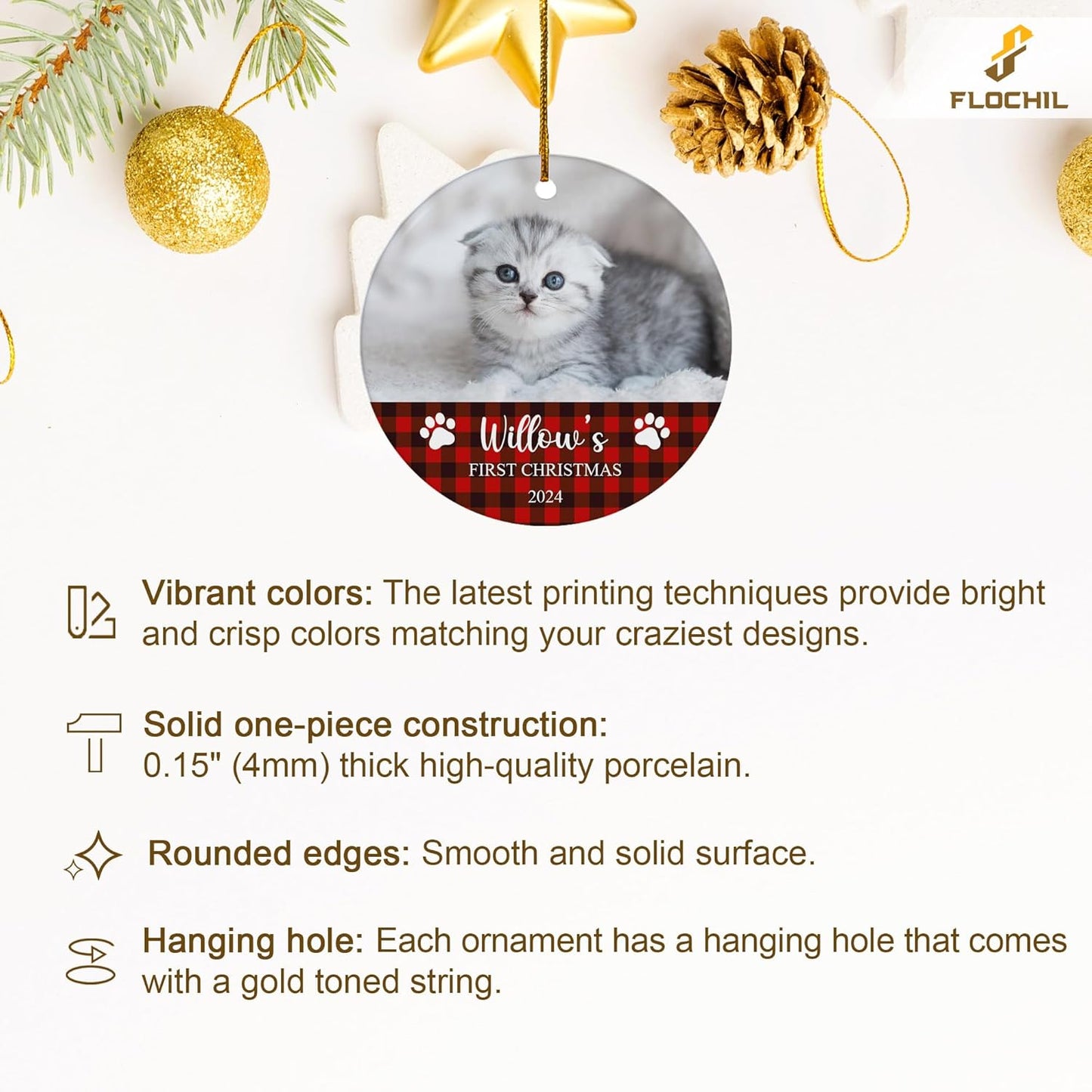 FLOCHIL Personalized Cat Christmas Ornaments Custom Photo Name for Christmas Trees, Cat First Christmas Ornaments, Gifts for Pet Lovers