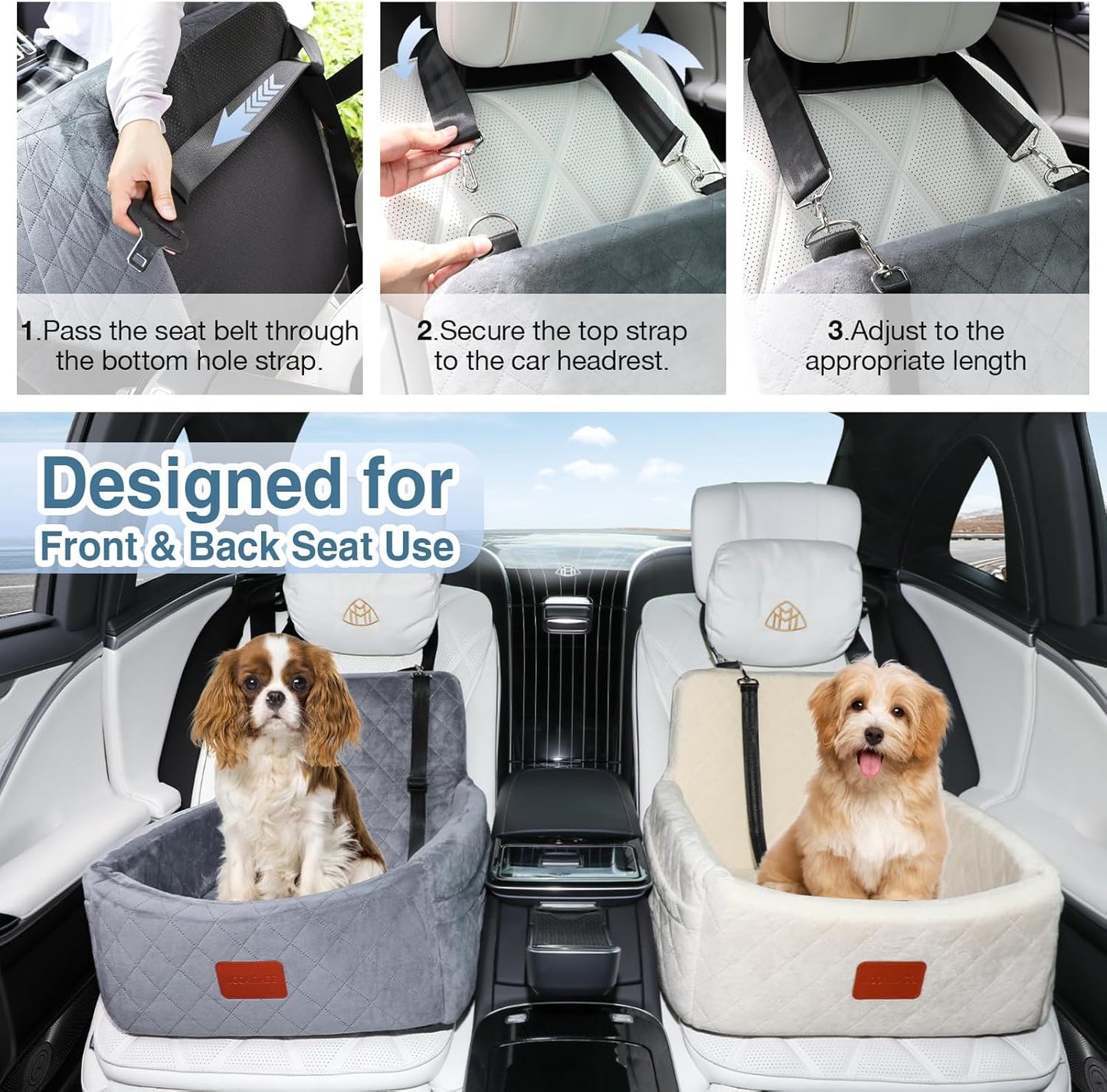 Dog Car Seat for Small Dogs Under 30lbs,Comfy & Safe Travel Bed with Washable Cover,2 Clip-On Safety Leashes and Pockets,Anti-Slip Base,Easy to Install(Grey)
