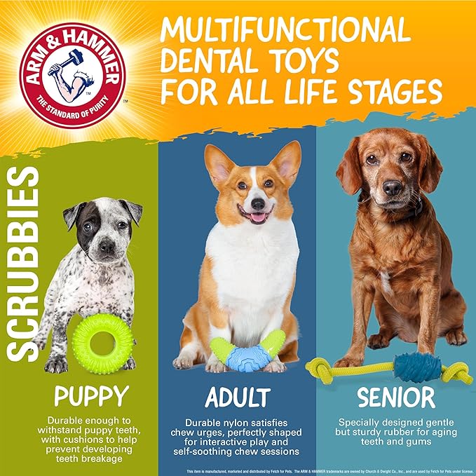Arm & Hammer for Pets Scrubbies Senior Treat N' Tug Dental Chew Toy Infused with Baking Soda - Gentle Dog Toy for Senior Dogs - Interactive and Durable Chew Toy for Older Dogs