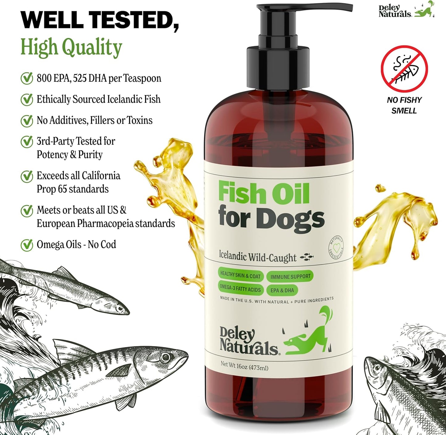 Deley Naturals Dog Fish Oil Icelandic 2X Omega - Dog Itching Skin Relief with Omega 3 6 9 for Allergies, Coat & Heart - Omega 3 Fish Oil for Dogs Skin Irritation - 16oz Omega Oil for Dogs Made in USA