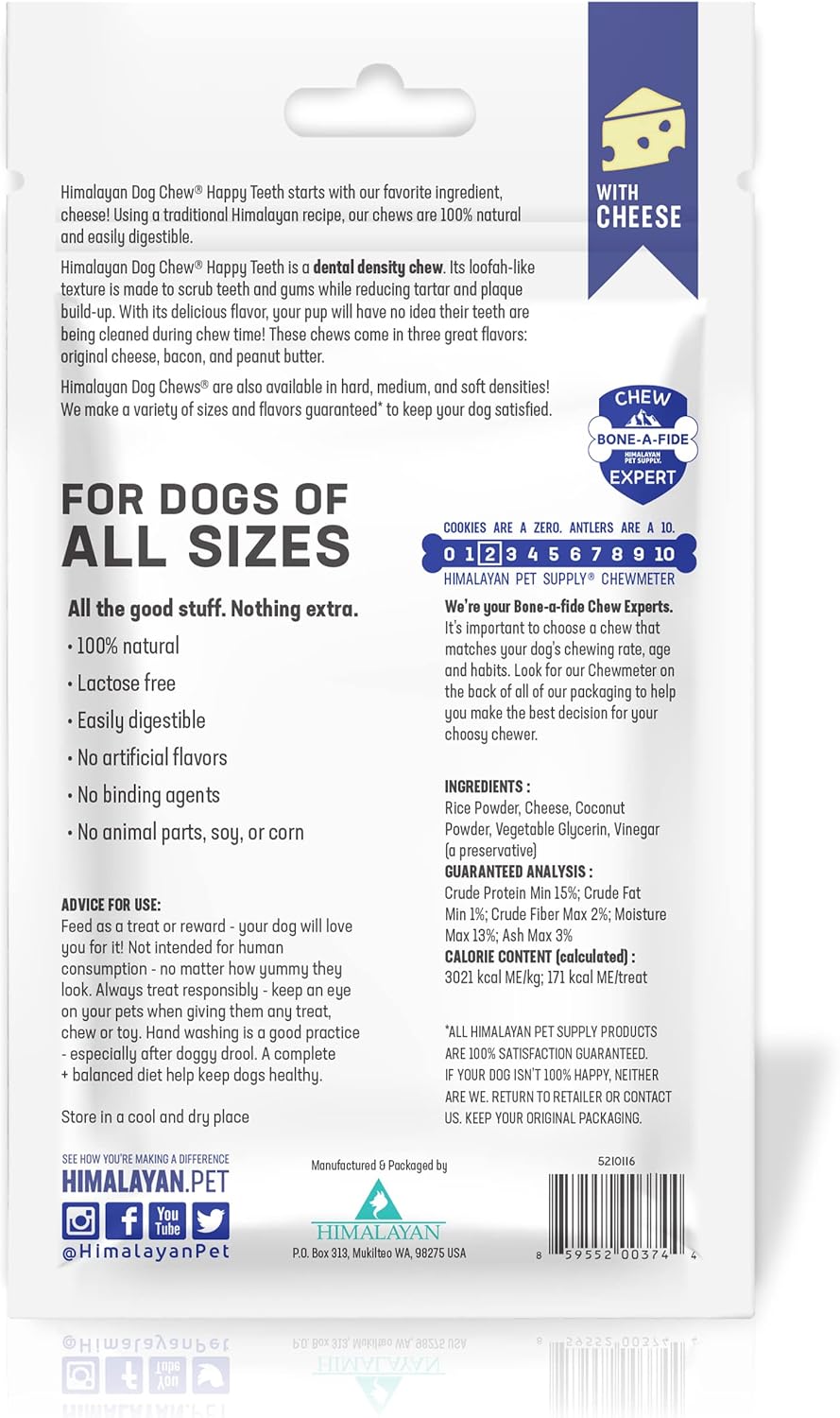 Himalayan Dog Chew Happy Teeth Yak Cheese Dog Chews Dental Chews, 100% Natural, Long Lasting, Gluten Free, Healthy & Safe Dog Treats for Oral Health, Lactose & Grain Free, Protein Rich, 2 Chews