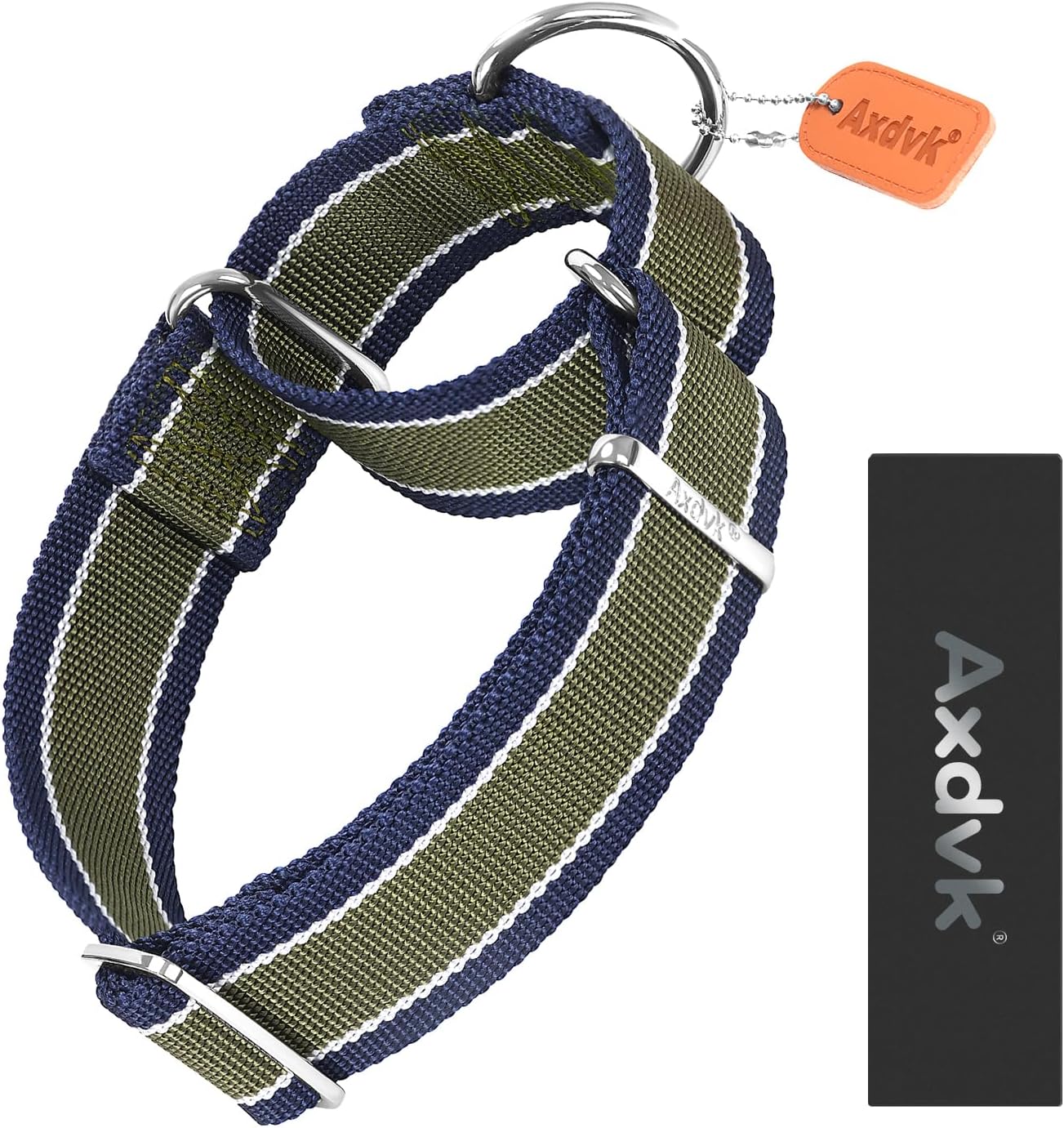 Martingale Collar 1.5 Inch Wide 1600D Extra Strong Anti Escape Nylon Dog Collar, No Pull Heavy Duty Dog Collar with 3-Color Stripe for Medium Dogs (M, Army Green & Gray)