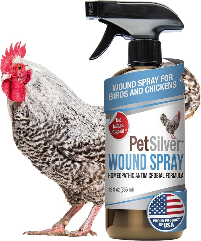 PetSilver Chicken Wound Spray for Chickens & Birds - Patented Silver Solution - Silver Spray for Wounds, Pecking Sores, Bumblefoot, Cuts, Burns, & Skin Irritations - Chicken Care - USA Made - 12 fl oz