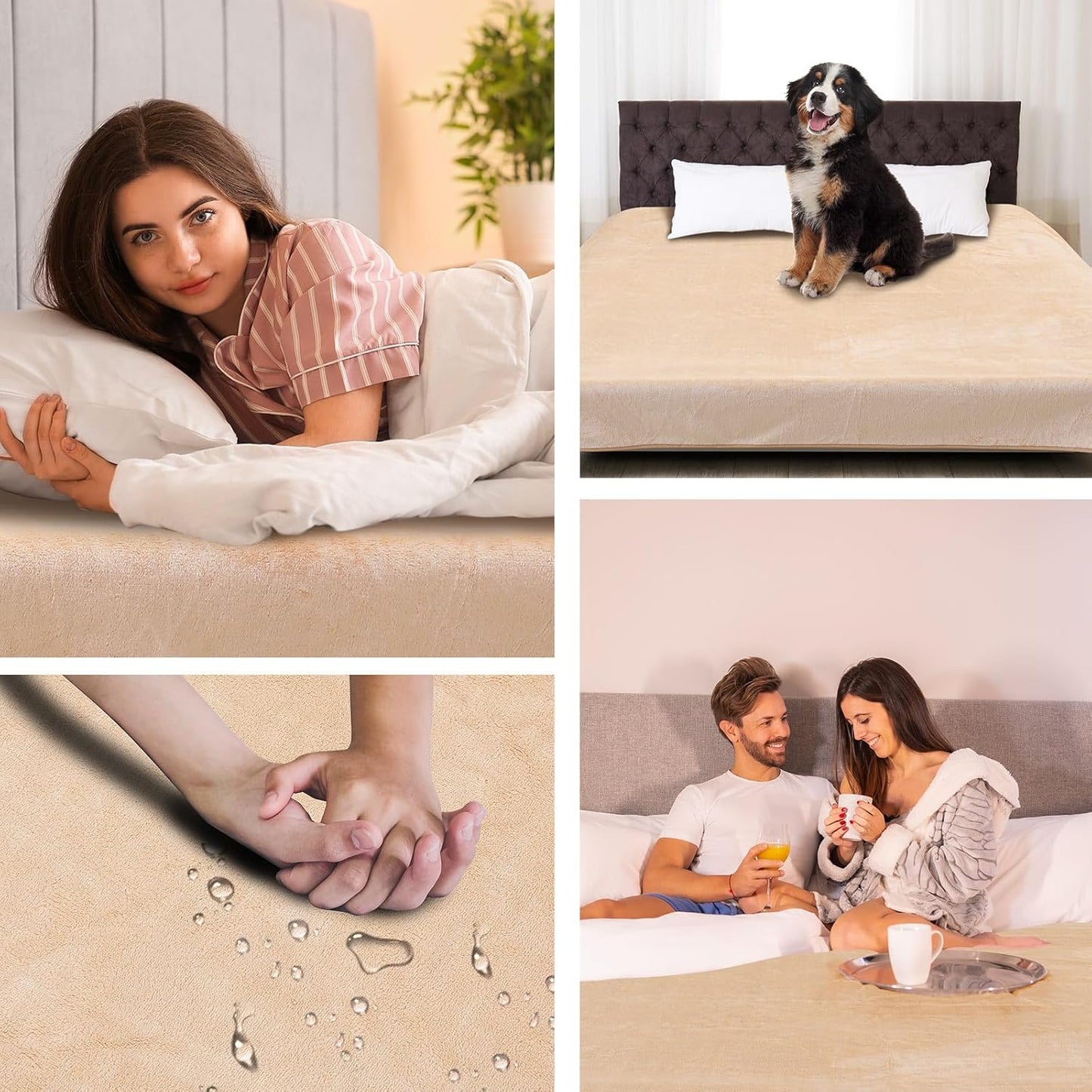 Love Beige Waterproof Bed Blanket, Queen Size 80'' x 80'' Double Side Leakproof Reversible Sherpa Flannel Fleece 3 Layer Lightweight Blanket, Absorbs 70oz