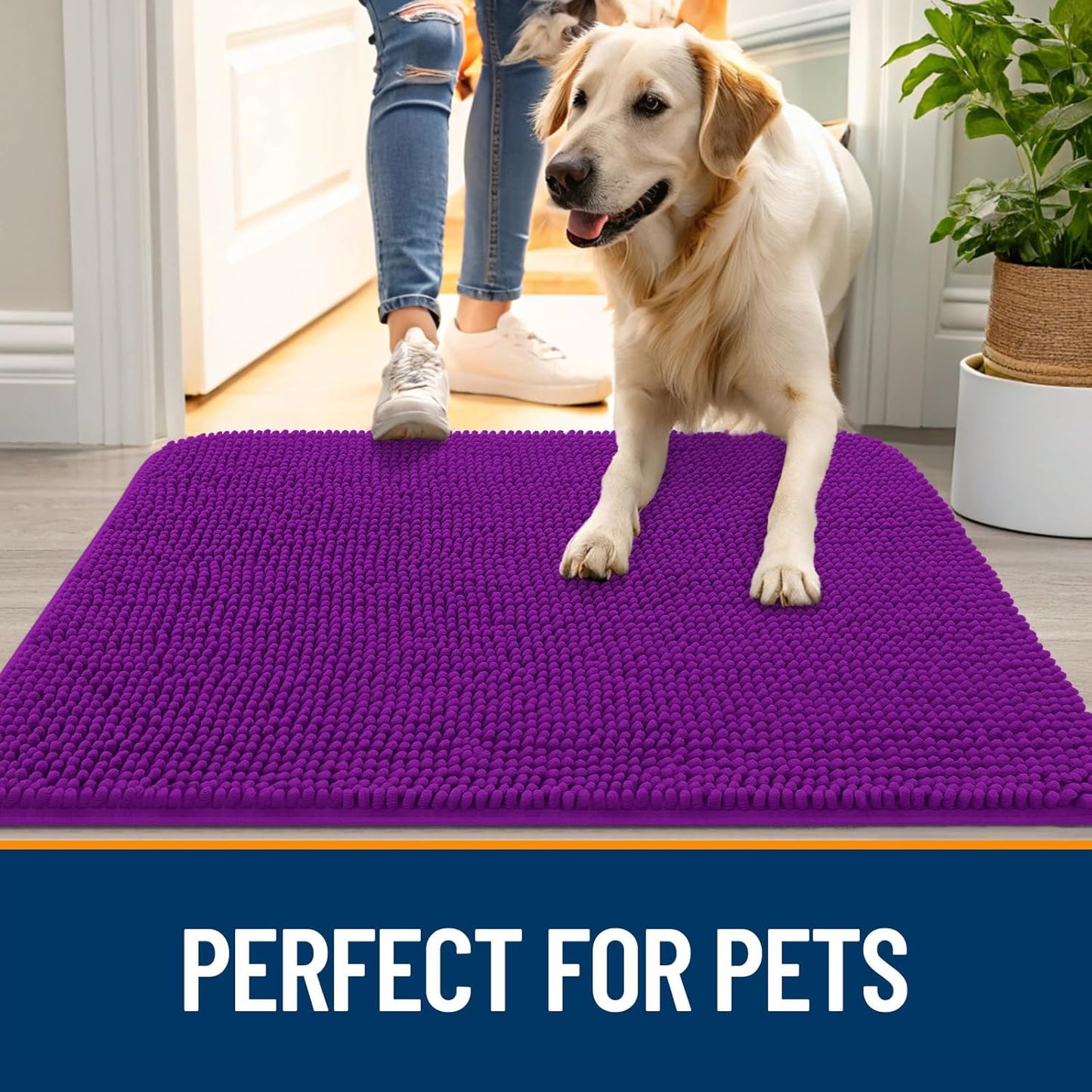 OLANLY Dog Door Mat for Muddy Paws 59x20, Absorbs Moisture and Dirt, Absorbent Non-Slip Washable Doormat, Quick Dry Chenille Mud Mat for Dogs, Entry Indoor Entryway Carpet for Inside Floor, Purple
