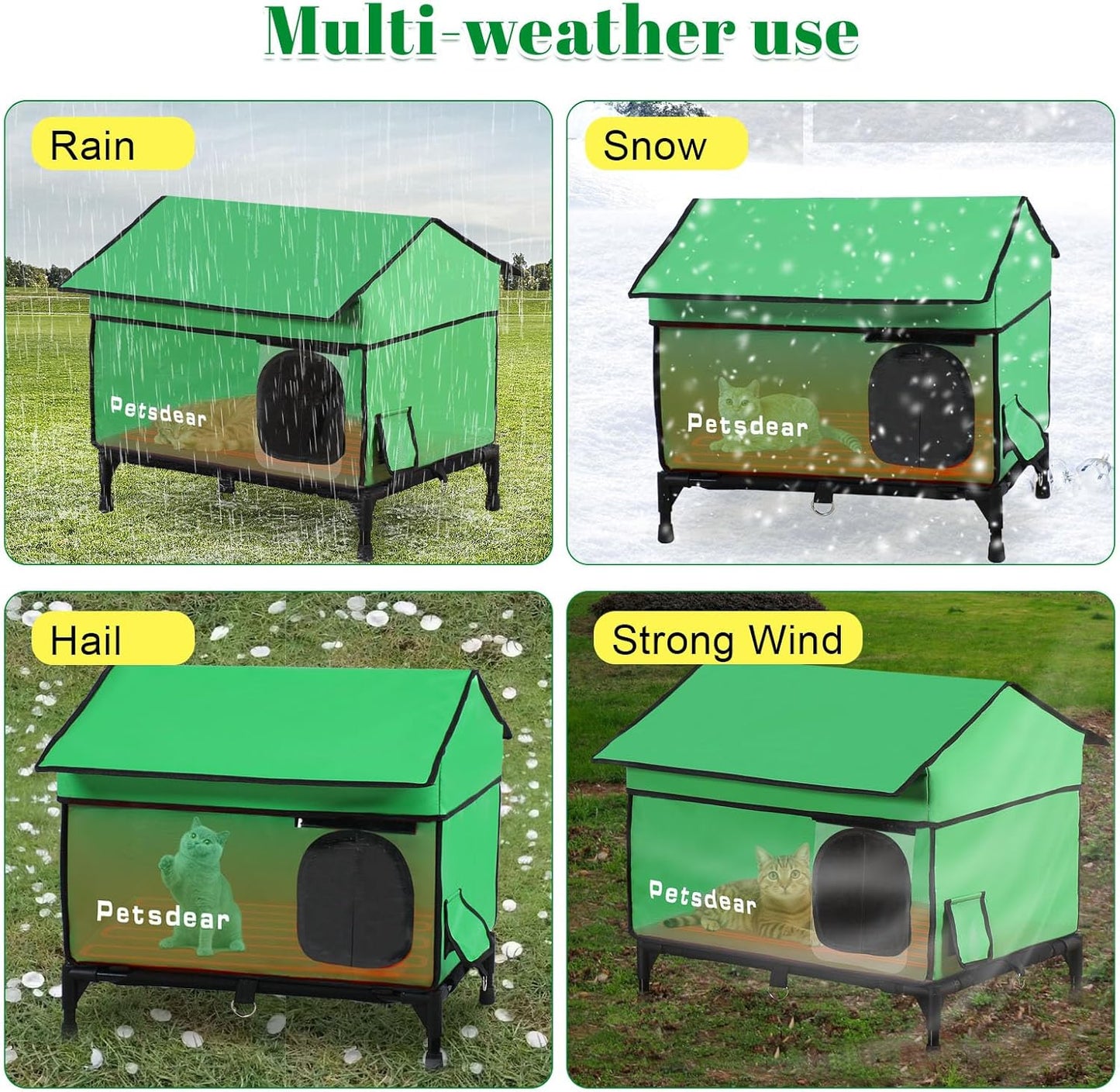 Heated Outdoor Cat House for Winter - Large, Weatherproof, Extremely Waterproof, Insulated Outside Shelter for Multiple Feral Cats (Green)