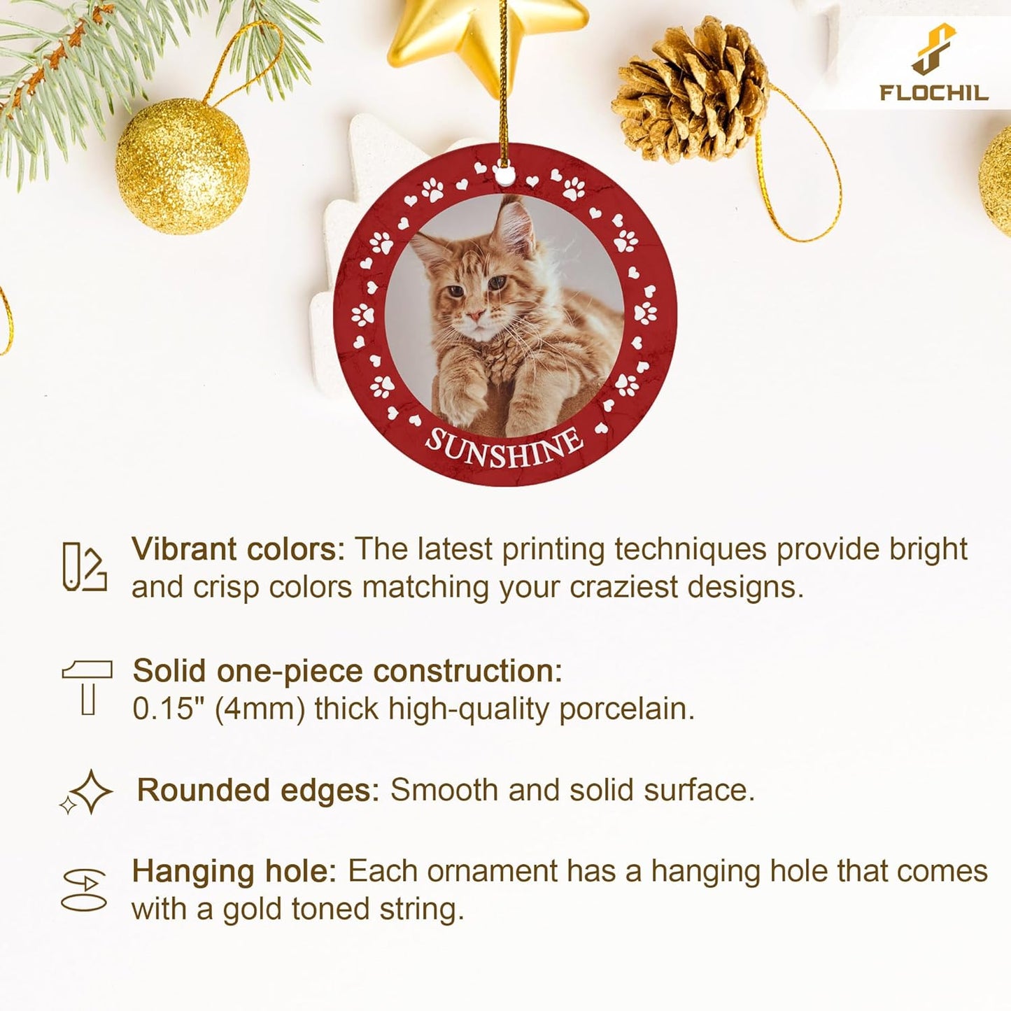 FLOCHIL Personalized Cat Christmas Ornaments Custom Photo Name for Christmas Trees, Cat First Christmas Ornaments, Gifts for Pet Lovers