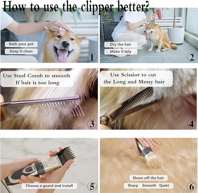 Dog Grooming Kit Clippers, Low Noise, Electric Quiet, Rechargeable, Cordless, Pet Hair Thick Coats Clippers Trimmers Set, Suitable for Dogs, Cats, and Other Pets (Gold)