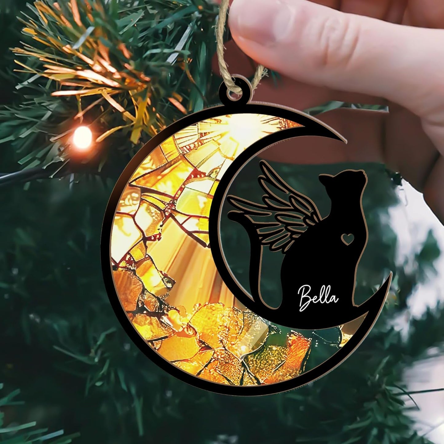Personalized Cat Memorial Suncatcher – Crescent Moon Pet Loss Ornament with Angel Wings & Heart Cutout – Custom Rainbow Stained Glass Cat Bereavement Gift for Window, Mirror, or Sympathy Display