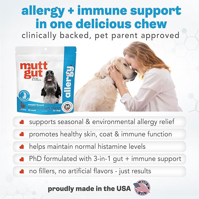 MuttGutยฎ Dog Allergy and Immune Chews - Itch Relief for Dogs with Skin & Coat Support - Allergy Relief for Dogs Itching & Licking - Pet Allergy Chews for Seasonal Allergies - 60 Soft Chews