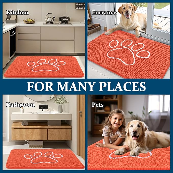OLANLY Door Mat for Muddy Dog Paws 36x24, Ultra Absorbent Chenille Mud Doormat with Paw Print Design, Non-Slip Washable Doormat for Indoor Entryway, Quick-Dry Pet Bed Mats for Dirty Dogs, Coral